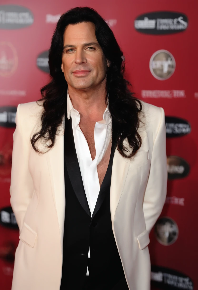 An image of a red carpet event with celebrities and photographers.,original,Michael is slightly overweight and in his early 40s . He has black hair but a streak of white in the front.