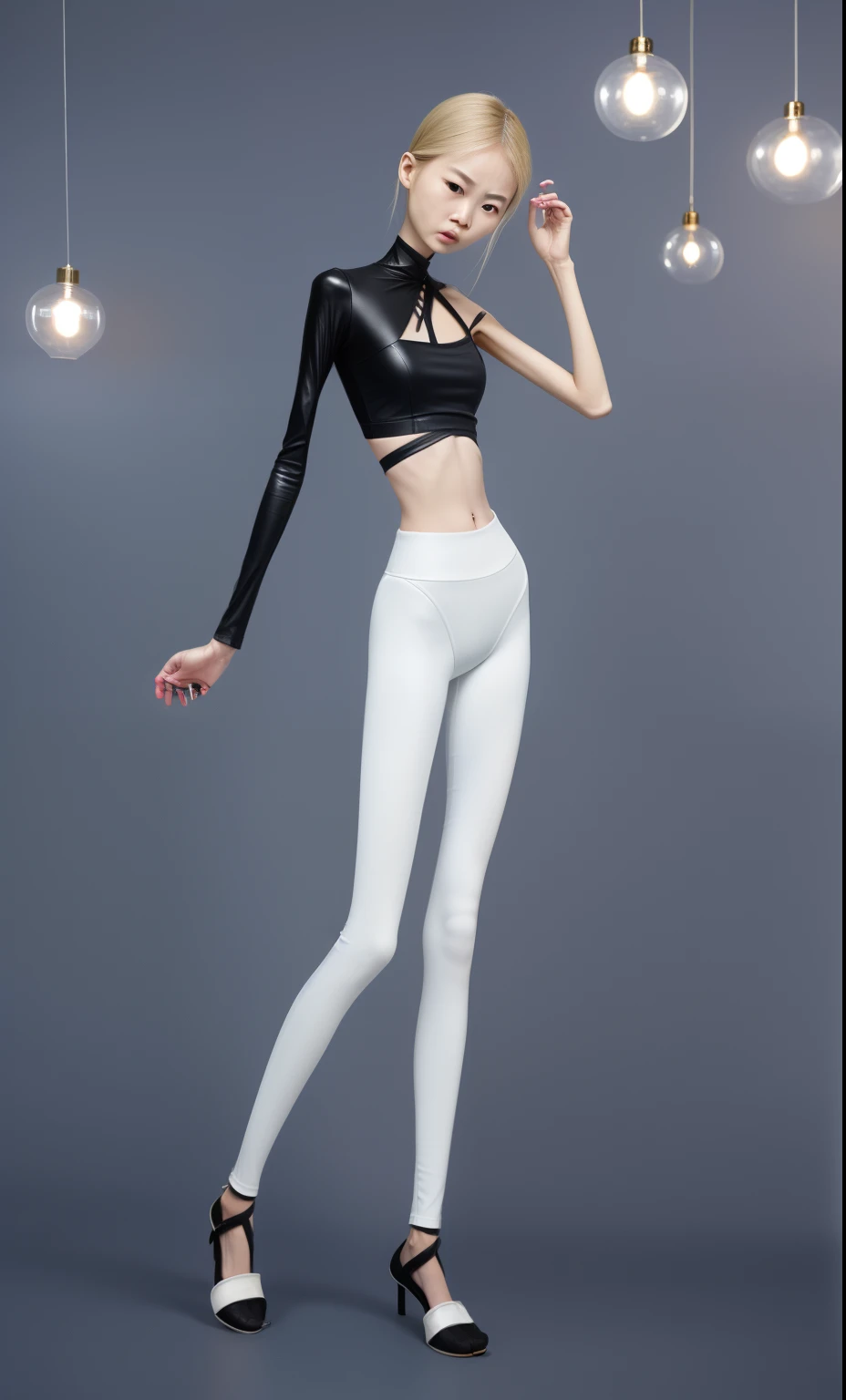 very thin adult woman,A thin body,Protruding sternum,The waist is very thin,The ribs are noticeable,Protruding ribs,The pelvic protrusion is very obvious,Pelvic width,Legs are just skin and bones,White skin of the,thin shoulde,The waist is very thin,Sunken abdomen,Delicate arms,arm muscle atrophy,hunger,The lower abdomen is depressed,short detailed hair,Wear tight leather pants,Wearing black stockings,Wear slippers,Asia face,The waist is particularly thin,angry look,Excessive weight loss,The face is sunken and thin,Severe malnutrition,hunger,Weak,anorexia