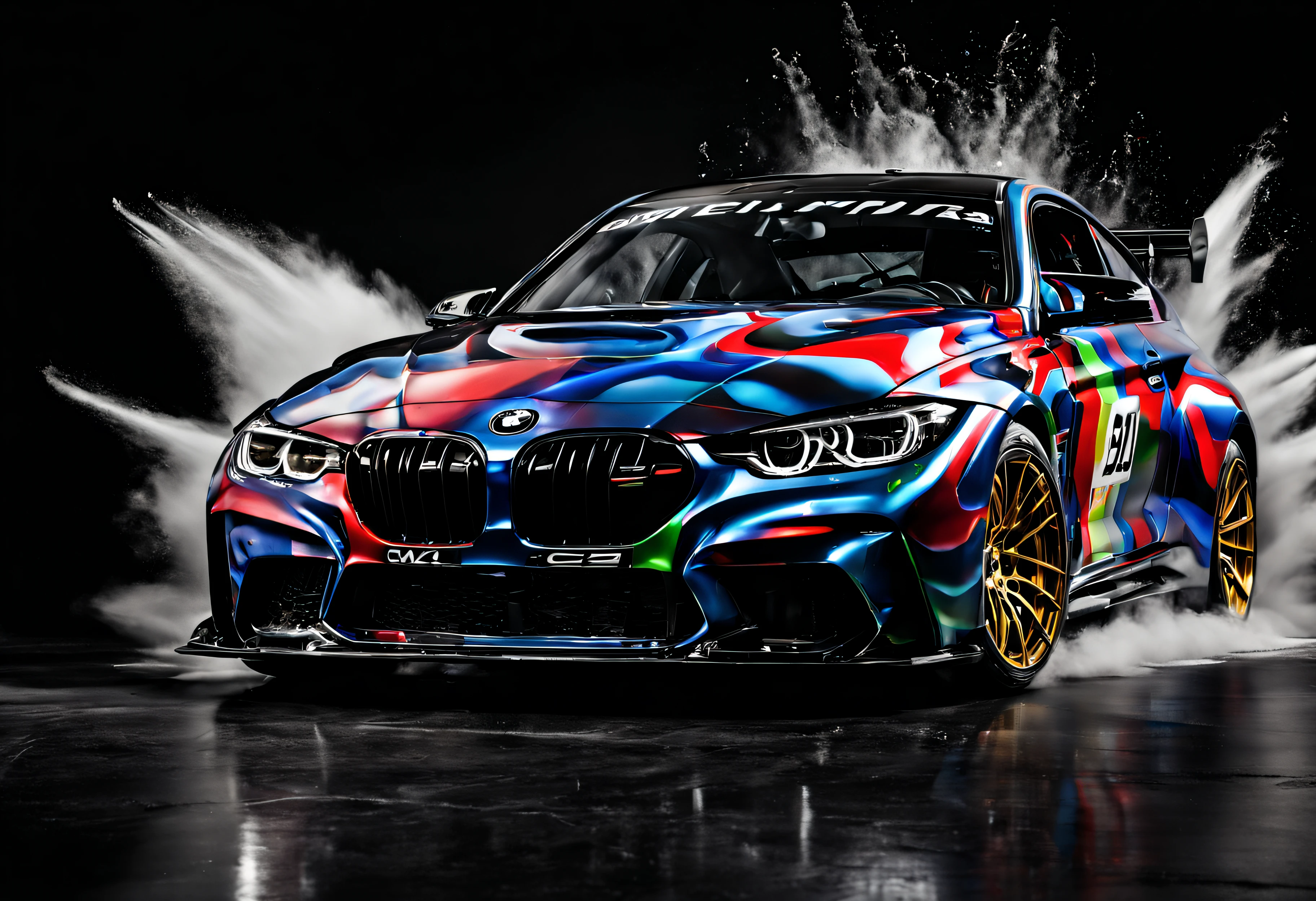 Bmw M4 CSL 2023, black background, paint exploding in the background