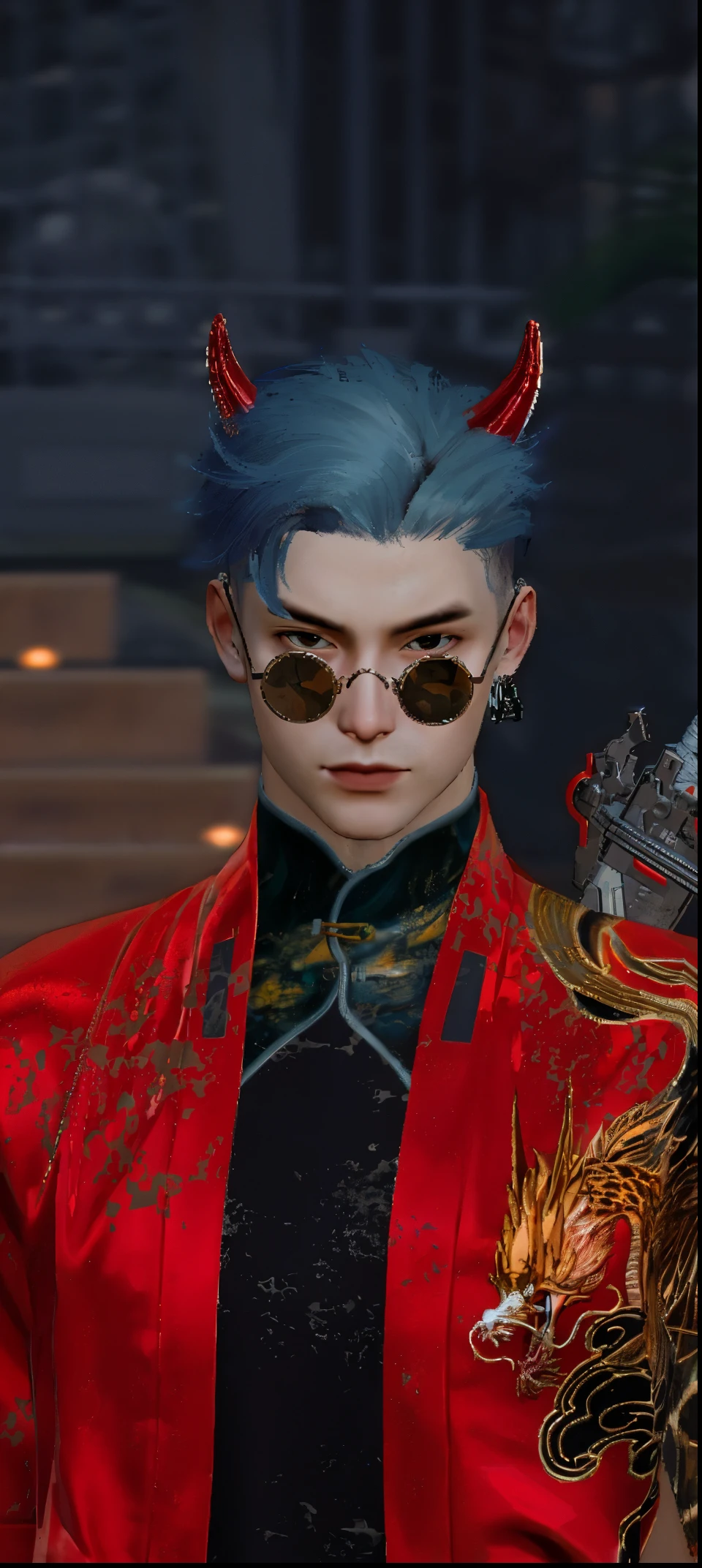 there is a man with a dragon on his arm and a dragon on his arm, close up character, character close up, inspired by Hong Ren, inspired by Bian Shoumin, male character, high detail iconic character, lunar themed attire, inspired by Wuzhun Shifan, character close-up, highly detailed character, evil devious male, wearing red tainted glasses