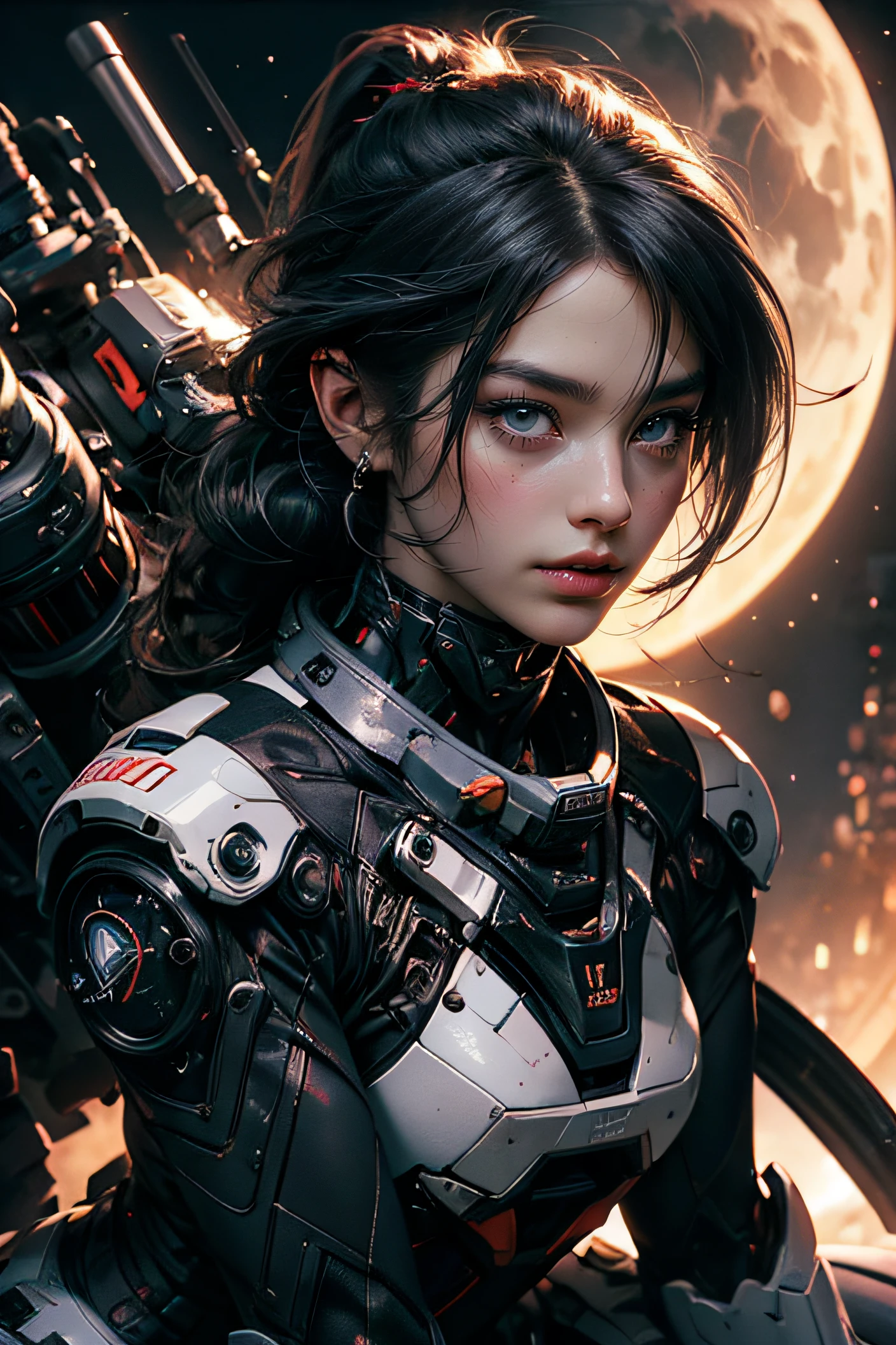 CG Mecha, Beautiful eyes, Upper body, Mechanic Armor, Portrait,jet suit、flying though the air、patrol、 police officers、flawless、Neon light, 8K, raw, Best Quality, masutepiece, 超A high resolution, Colorful, (medium wide shot), (Dynamic perspective), foco nítido , (depth of fields, Bokeh:1.3), extremely detailed eye and face,ninjartist, Beautiful detailed eyes、Black gold, Trimmed gear:1.2), ((masutepiece, Best Quality)), Detailed background, Inside the spacecraft、Hold your weapon、（Gray hair）、brue eyes、poneyTail、dirty、bio luminescent、fullmoon、Photographed with Canon R5、Get down on one knee、Dark Fantasy,​masterpiece、movie、art by、