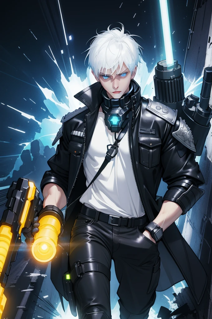 (masterpiece, best quality), 1 male, solo, adult, handsome, tall muscular guy, broad shoulders, finely detailed eyes and detailed face, extremely detailed CG unity 8k wallpaper, intricate details, intricate details, very short hair, undercut, grunge, serious expression, big arms, dark, old leather jacket, white t-shirt, medieval dark leg armor pants, neon motion stream, glowing lights, Grenade Launcher weapon, bright white energy streams of lights, rim lighting, sf, Apocalypse, from above