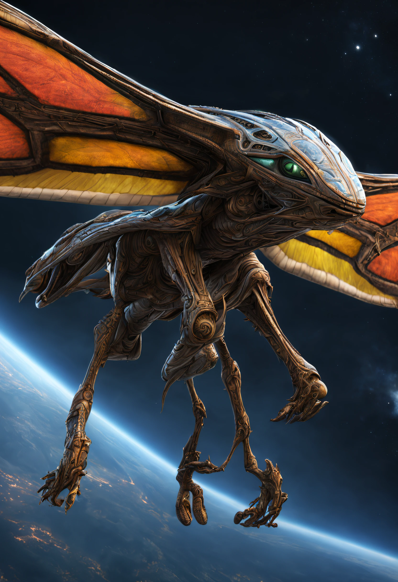 A beautifull and realistic animal ornithopter, biomecanic alien . Lot of textured and colored. a beautifull world it visible and galaxy too
