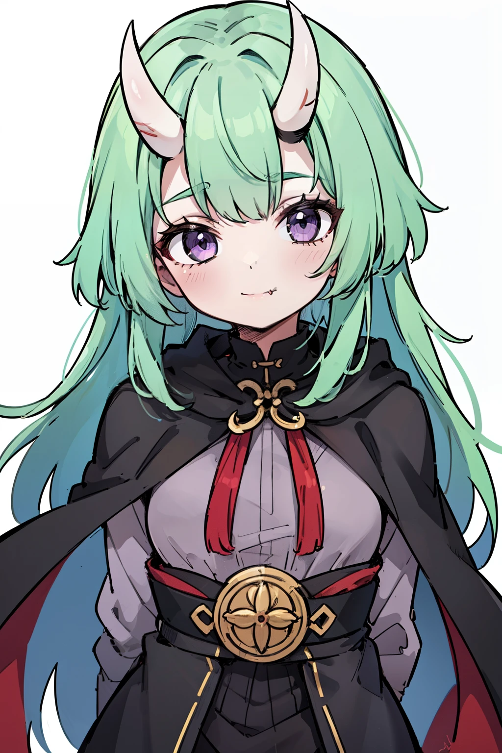 masterpiece, best quality, 4k, face close-up, portrait, 1girl, solo, beige hair, light green hair, pale green hair, long hair, purple eyes, small breasts, oni girl, oni horns, (skin fang:0.9), smile, closed mouth, black cloak, hood, medieval fashion, standing, arms behind back, looking at viewer, white background, abstract background