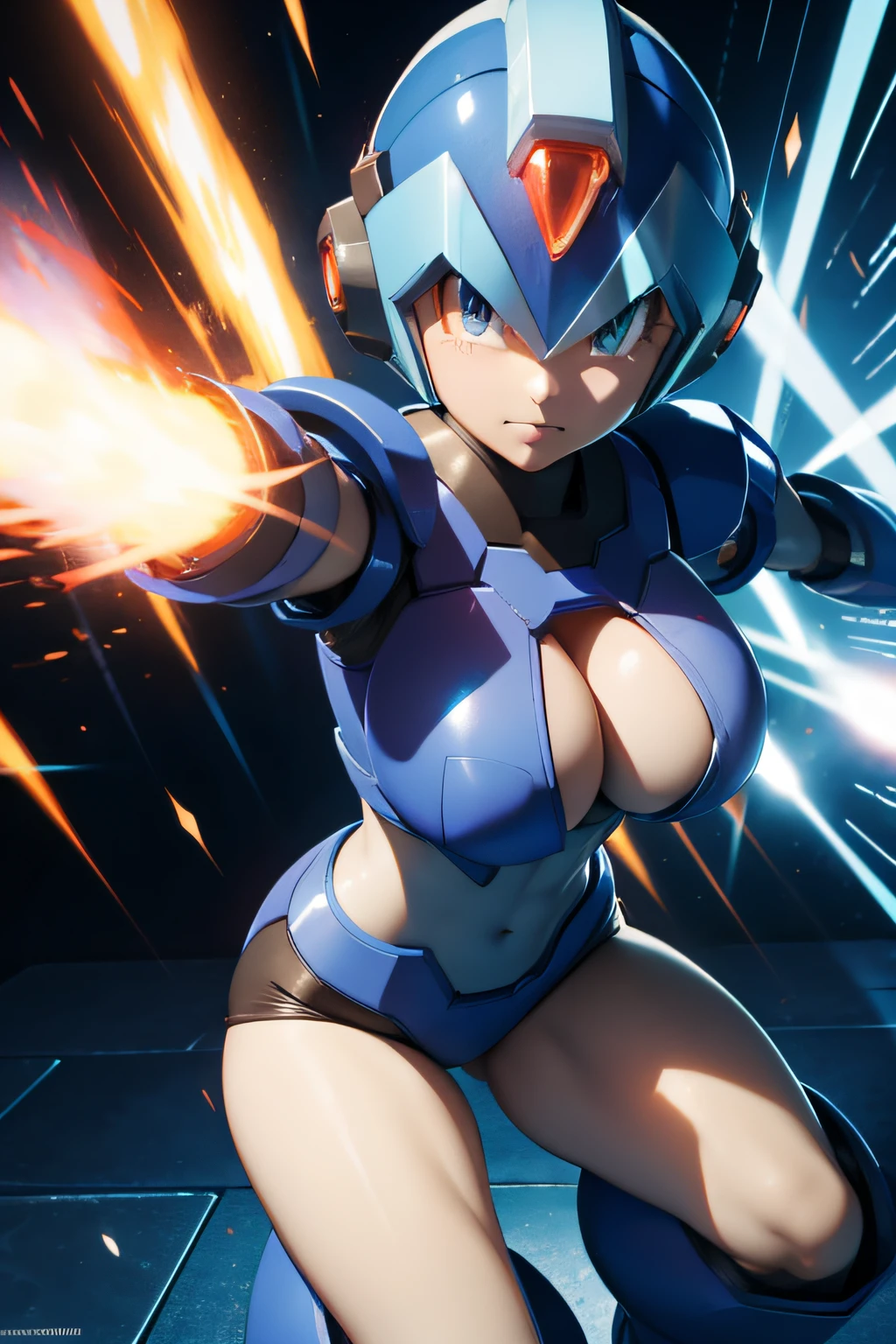 X from Mega Man x as a girl, Large cleavage, Sexy fighting pose,(1个Giant Breast Girl),barely