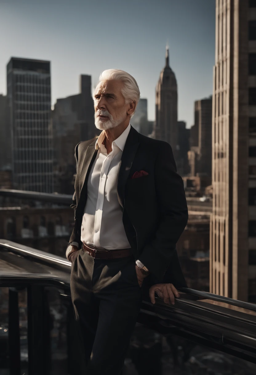 A photo of Logan standing on a rooftop, overlooking the hustle and bustle of the city below.,original,Logan Roy, the fictional patriarch in “Succession,” possesses a commanding presence, characterized by his tall stature, sharp suits that speak to his power and wealth, and an often stern, unyielding facial expression. His aging appearance, marked by a full head of white hair and a penetrating gaze, adds to his intimidating demeanor.