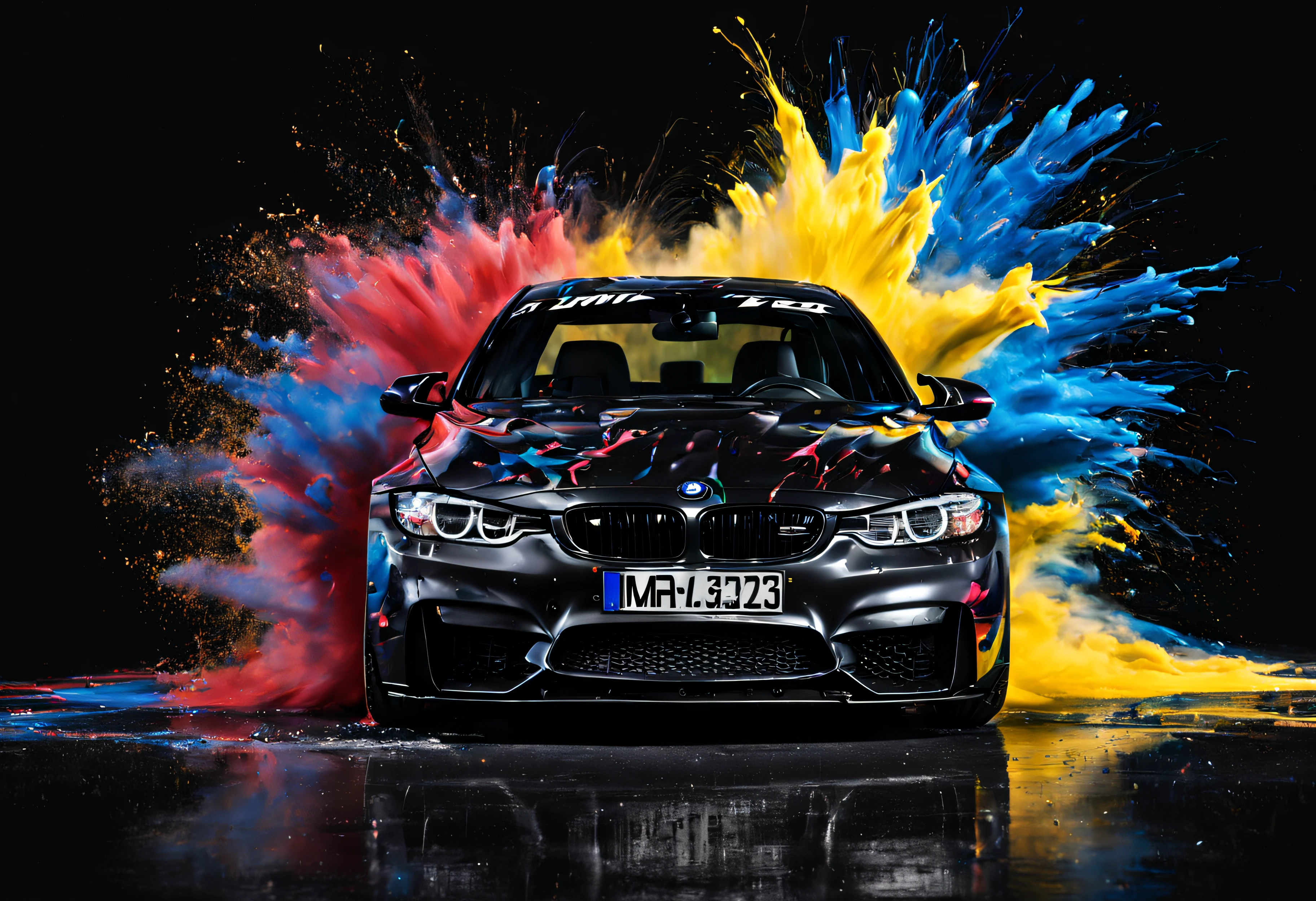 Bmw M3 2023, black background, paint exploding in the background