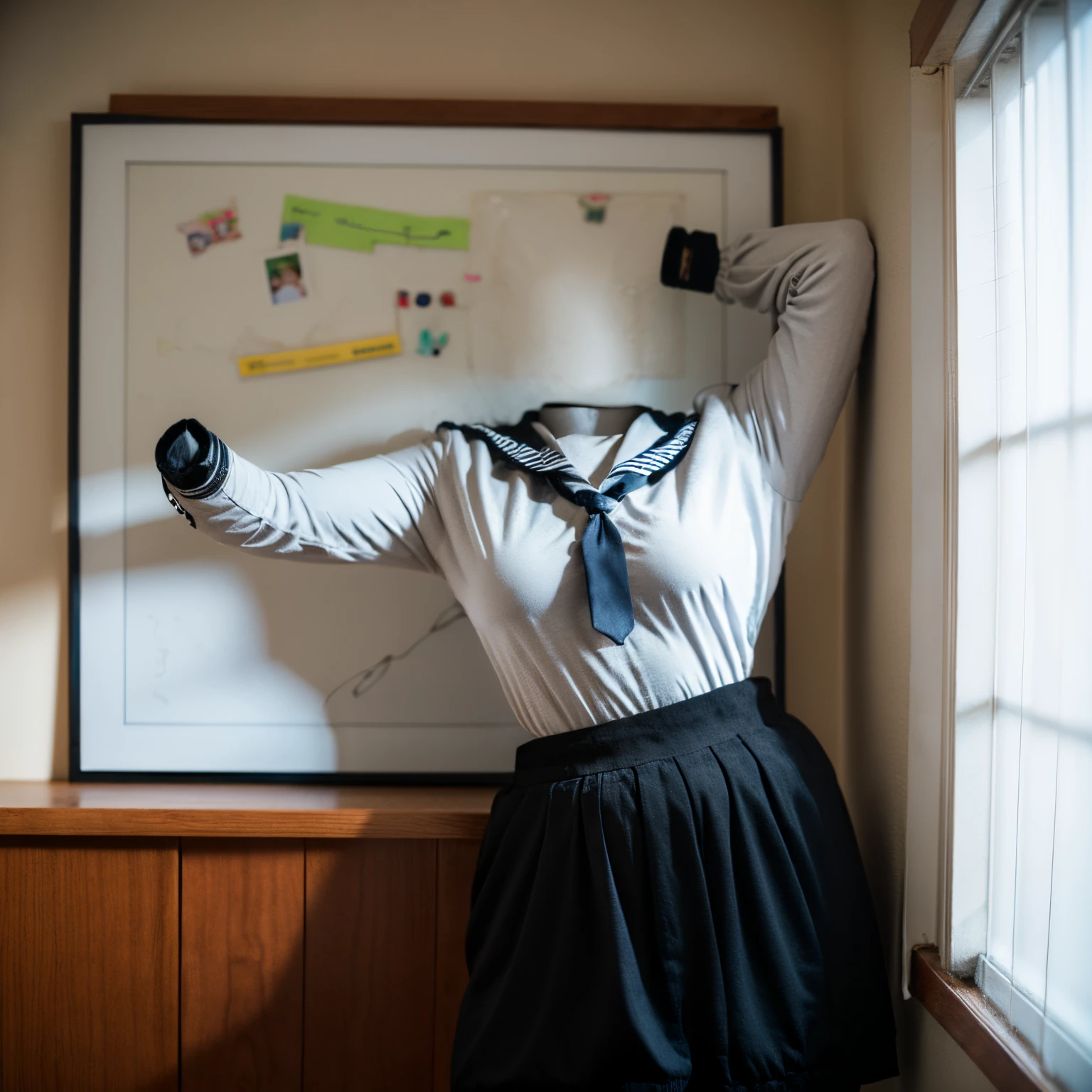 chubby, fat, sailor suit, school uniform, classroom, high school, ((Seductive pose)), (invisible:1.5, no humans:1.5, headless:1.5, faceless:1.5), ((cute huge breasts)), (8k, RAW photo, best quality, masterpiece:1.2), (realistic, photo-realistic:1.37), photon mapping, radiosity, ((Hasselblad photography)), physically-based rendering