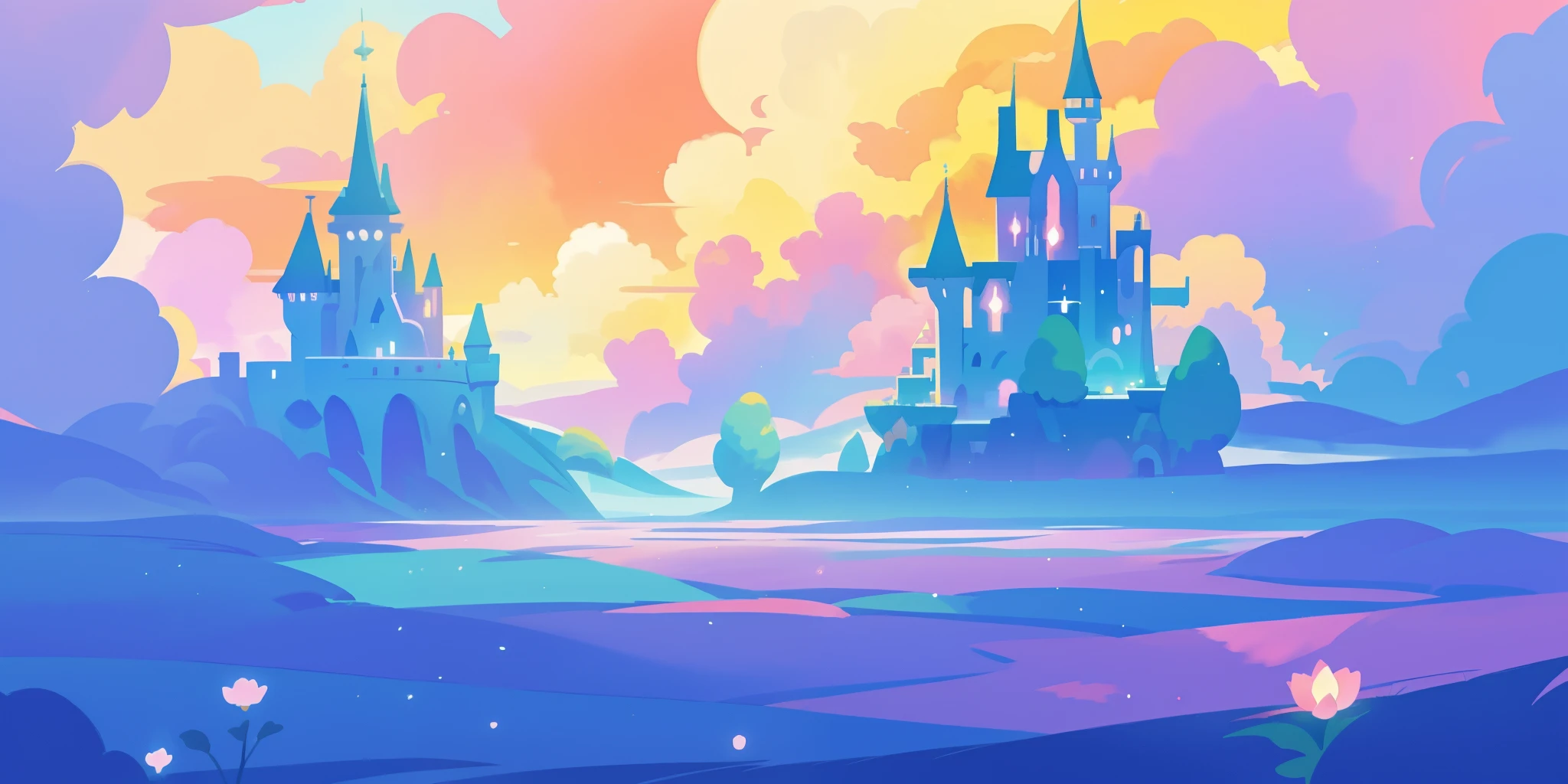 beautiful fantasy landscape, vibrant colors, (((otherworldly landscape))), whimsical landscape, cloud castle, huge clouds, ocean of clouds, watercolor illustration, disney art style, glowing lights, beautiful digital illustration, fantasia otherworldly landscape plants flowers, beautiful, masterpiece, best quality, anime disney style