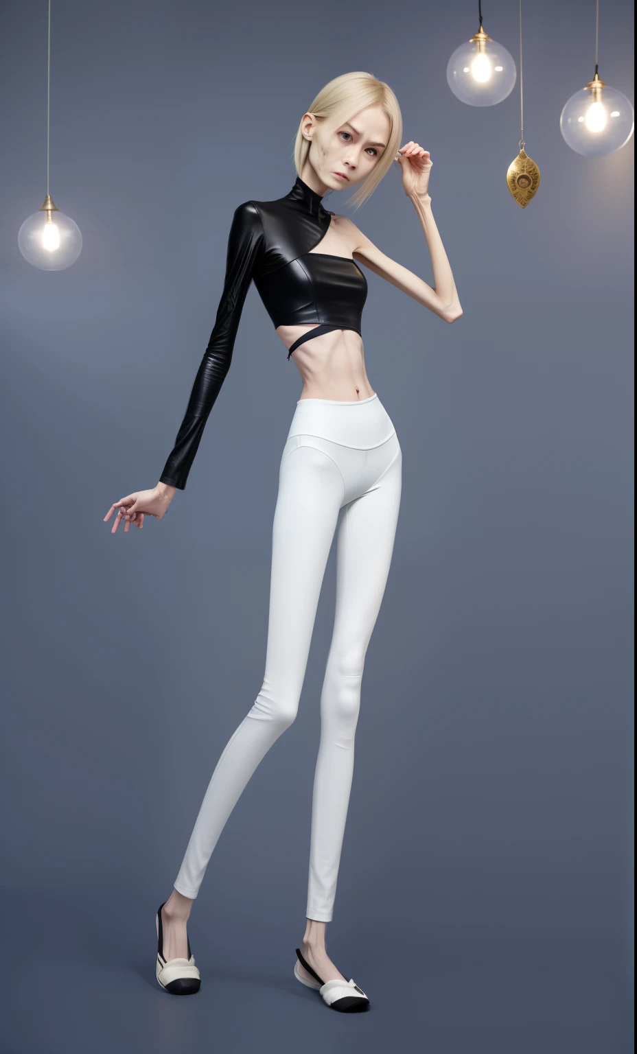 very thin adult woman，A thin body，Protruding sternum，The waist is very thin，The ribs are noticeable，Protruding ribs，The pelvic protrusion is very obvious，Pelvic width，Legs are just skin and bones，White skin of the，thin shoulde，The waist is very thin，Sunken abdomen，Delicate arms，arm muscle atrophy，hunger，The lower abdomen is depressed，short detailed hair，Wear tight leather pants，Wearing black stockings，Wear slippers，Asia face，The waist is particularly thin，angry look，Excessive weight loss，The face is sunken and thin，Severe malnutrition，hunger，Weak，anorexia
