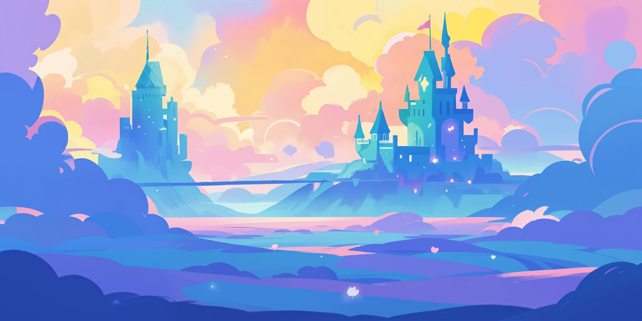 beautiful fantasy landscape, vibrant colors, (((otherworldly landscape))), whimsical landscape, cloud castle, huge clouds, ocean of clouds, watercolor illustration, disney art style, glowing lights, beautiful digital illustration, fantasia otherworldly landscape plants flowers, beautiful, masterpiece, best quality, anime disney style