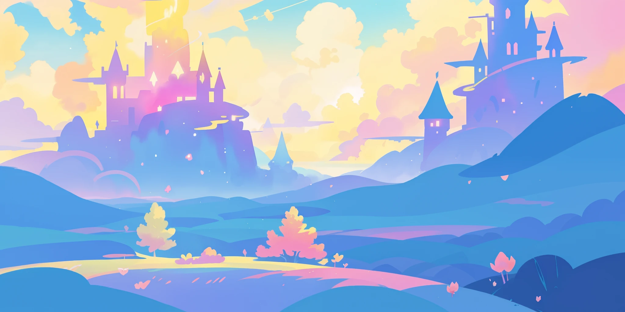 beautiful fantasy landscape, vibrant colors, (((otherworldly landscape))), whimsical landscape, cloud castle, huge clouds, ocean of clouds, watercolor illustration, disney art style, glowing lights, beautiful digital illustration, fantasia otherworldly landscape plants flowers, beautiful, masterpiece, best quality, anime disney style