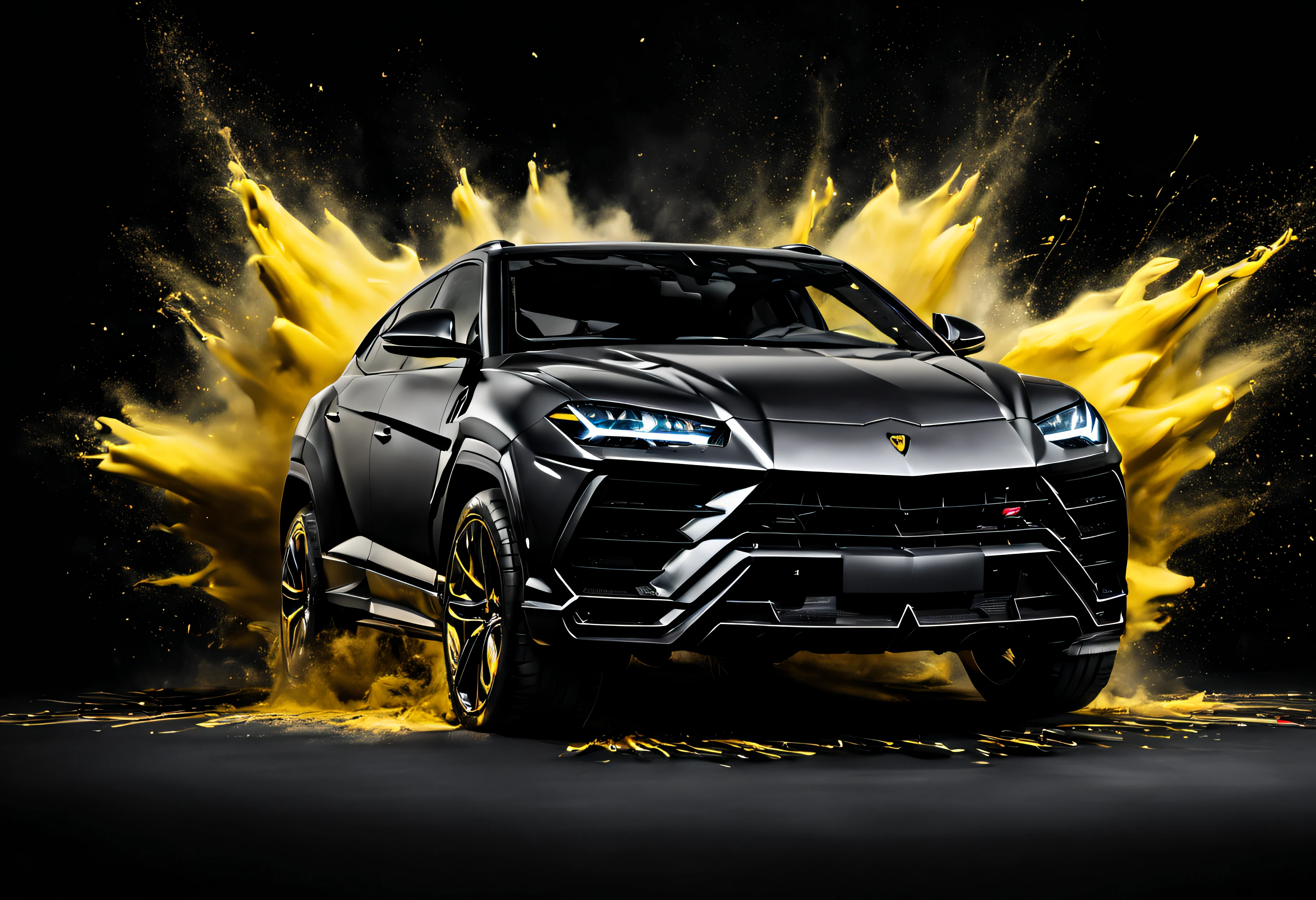 Lamborghini Urus, black background, paint exploding in the background