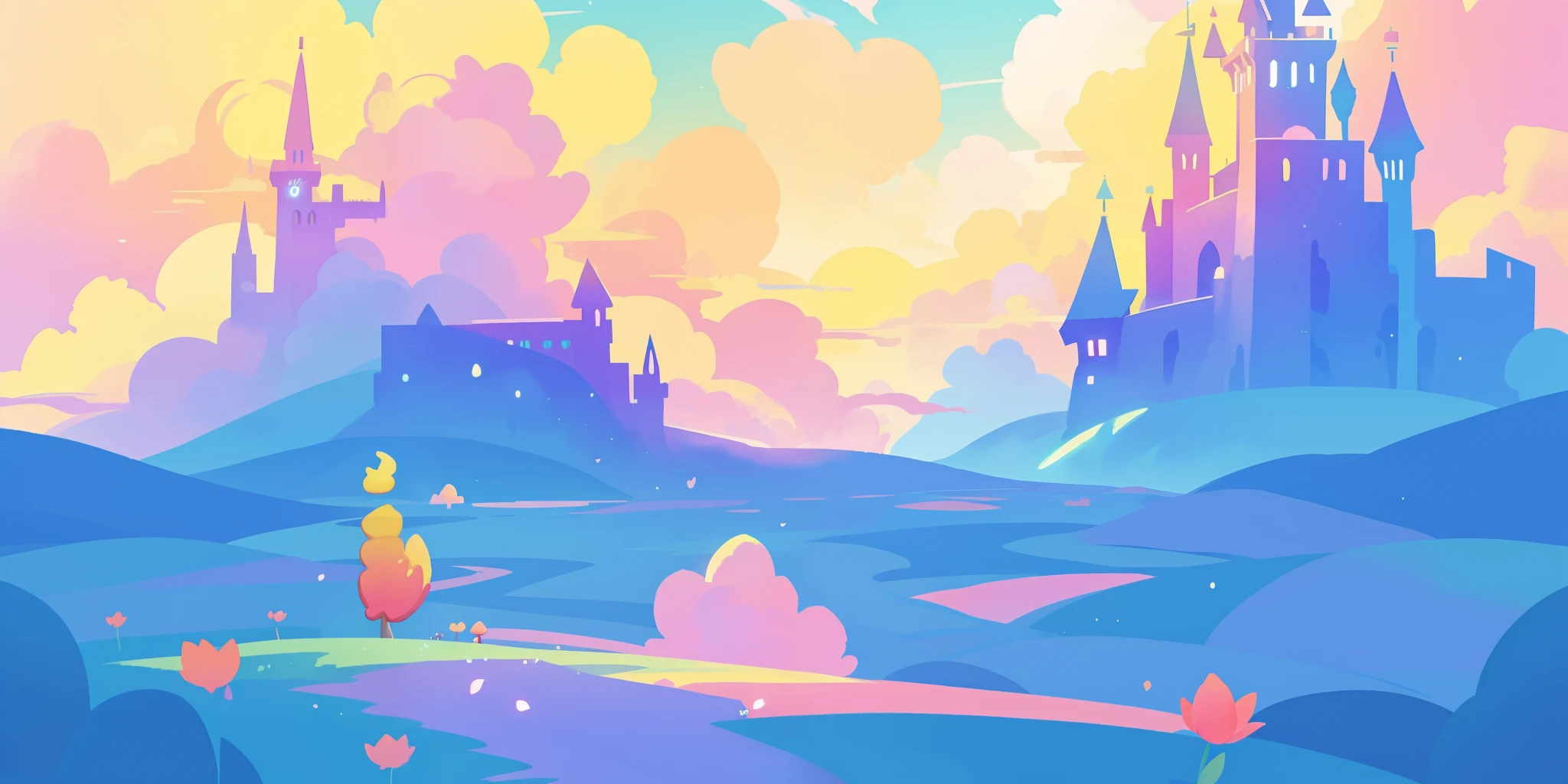 beautiful fantasy landscape, vibrant colors, (((otherworldly landscape))), whimsical landscape, cloud castle, huge clouds, ocean of clouds, watercolor illustration, disney art style, glowing lights, beautiful digital illustration, fantasia otherworldly landscape plants flowers, beautiful, masterpiece, best quality, anime disney style