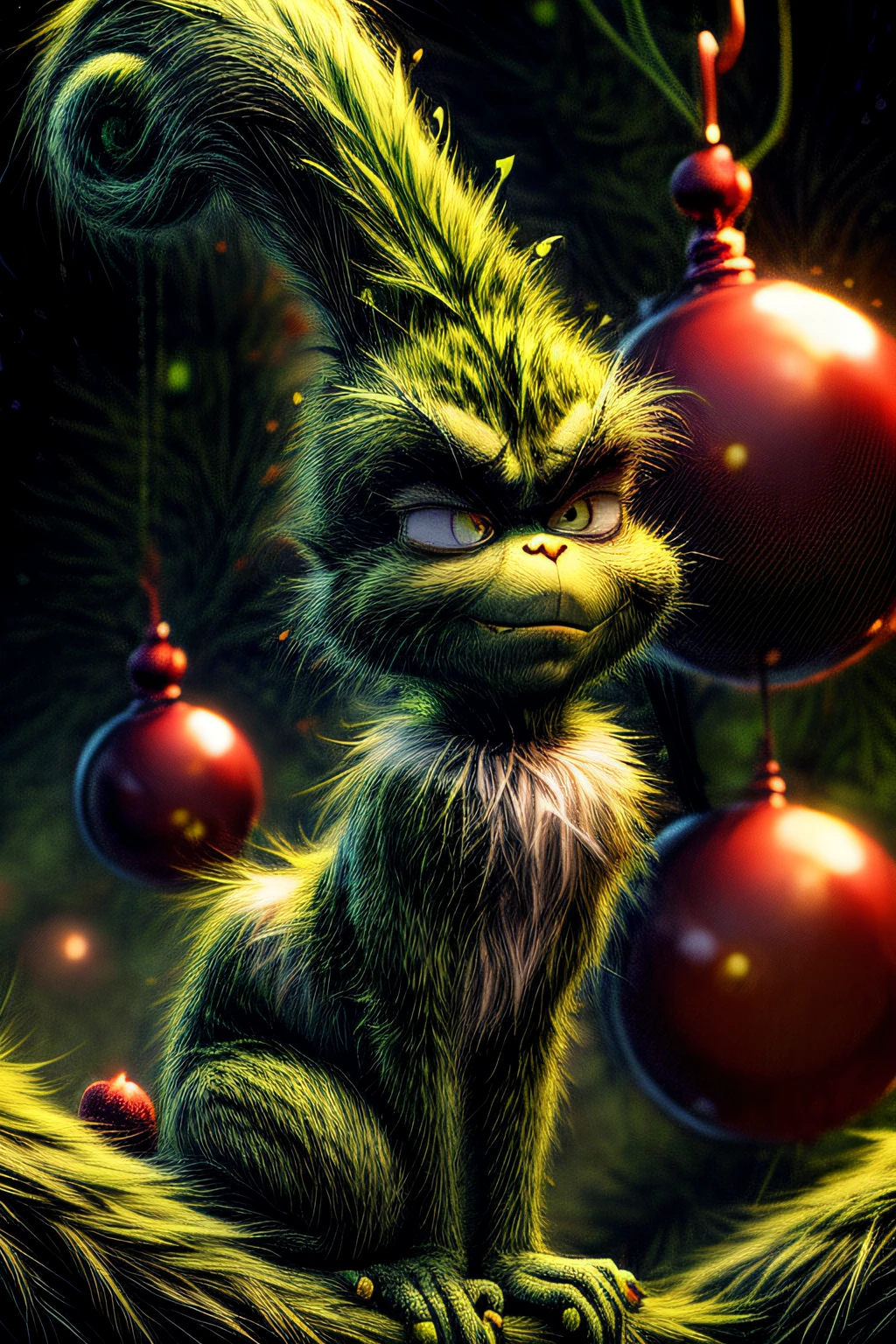 Grinch, illustrations that express the characteristics of the Grinch very well, quirky background, (best composition), (Masterpiece), (Best Quality), (Ultra high Detailes)