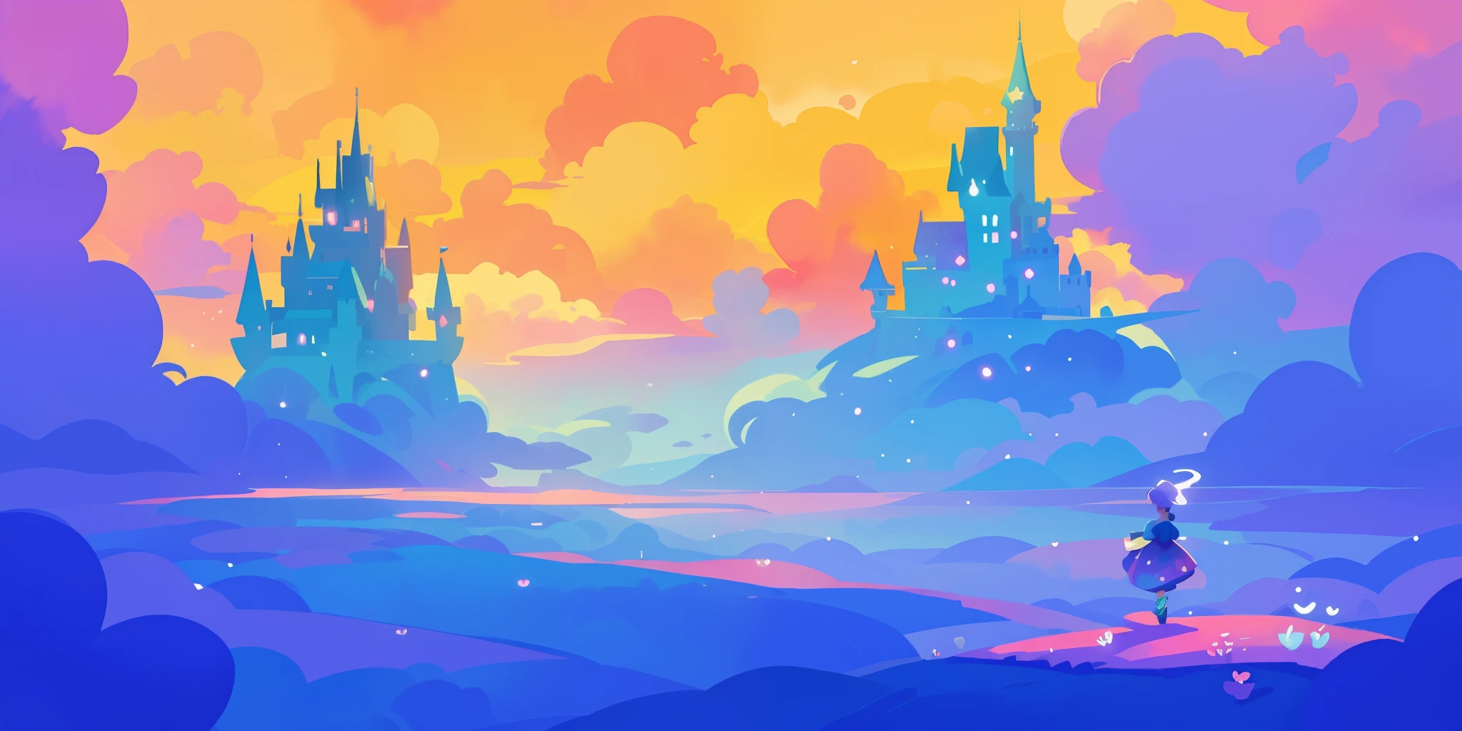 beautiful fantasy landscape, vibrant colors, (((otherworldly landscape))), whimsical landscape, cloud castle, huge clouds, ocean of clouds, watercolor illustration, disney art style, glowing lights, beautiful digital illustration, fantasia otherworldly landscape plants flowers, beautiful, masterpiece, best quality, anime disney style