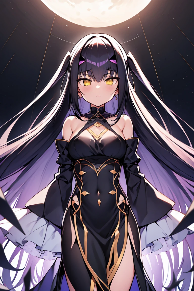 Black-haired woman,Yellow aura around,Scary yellow eyes,Black gauze dress, thin, Yellow cloth covers all vital organs except the face.................., Wear a knee-length white dress...................,The arm does not reach the top of the hip...................,The arms are small................., But the ligaments are very large...................,Soft hands,at night,red moon,turned sideways,Fold the purple ribbon on the chest........................., ,Precise, bestquality,shape: Height about 164 cm........................... There is a chest on CAP D...