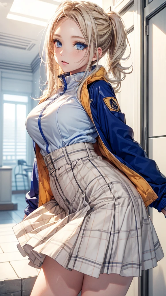 (masterpiece),(top-quality:1.2),1girl in,(masuter piece:1.3),exquisitedetails, Highest quality 8K resolution,Vibrant colors, Soft tones, Warm atmosphere, Gentle lighting,slender white body、(camel colored plaid long skirt),(white quilted blouson),(natural brown boots),Blushing、(short twin-tailed blonde hair:1.3),(Hair parted in the middle:1.3),(Glowing hair),(Cobalt blue eyes:1.3),White skin,Ultra-detailed depiction and vivid colors,color palettes,
