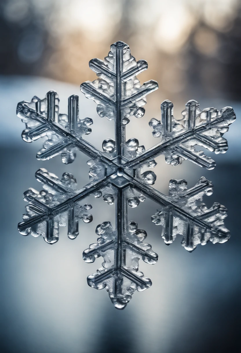A macro photograph of a snowflake melting, capturing the delicate transition from solid ice to liquid water in stunning detail