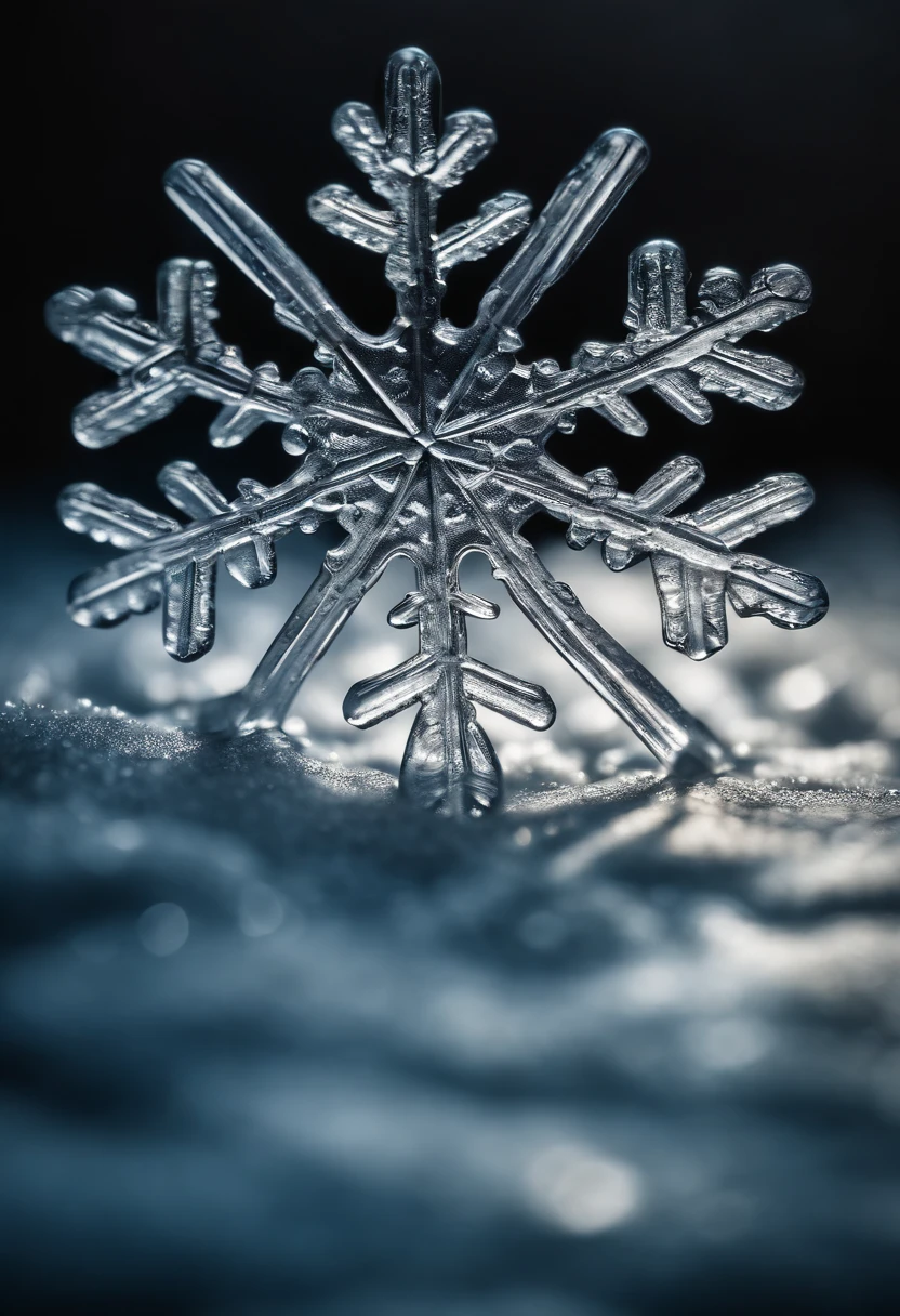 A macro photograph of a snowflake melting, capturing the delicate transition from solid ice to liquid water in stunning detail