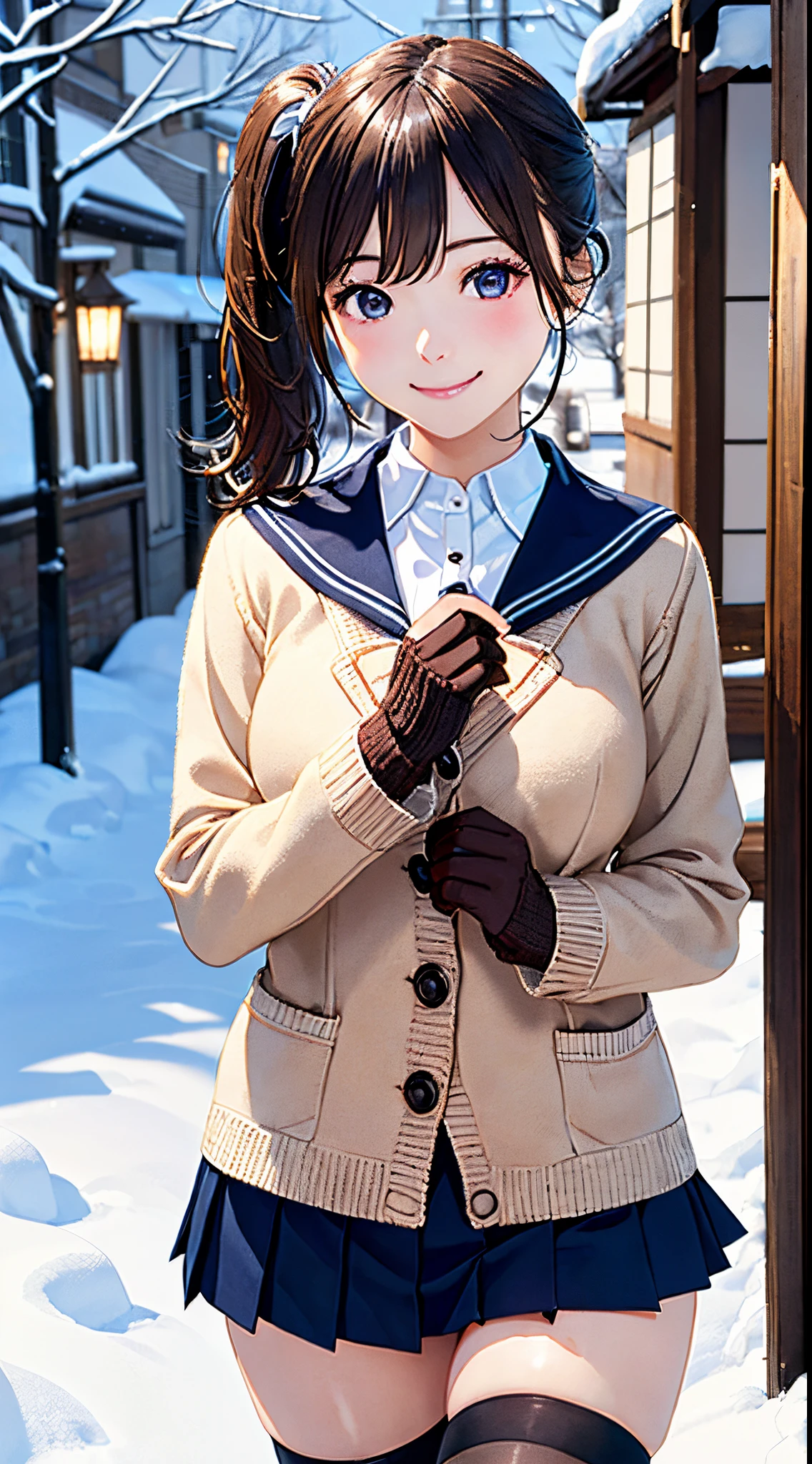 ((((, , perfect anatomy, super detailed skin)))), 1 girl, japanese, 14 years old, shiny skin, large breasts:0.5, watching the view, (smile:1.5),
beautiful hair, beautiful face, beautiful detailed eyes, (middle hair:1.7, side ponytail:1.4),
beautiful clavicle, beautiful body, beautiful chest, beautiful thigh, beautiful legs, babyface, , , mole under eye,
((navy school uniform, long sleeves, navy pleated skirt, sailor collar, light brown cardigan, black thigh-highs,
((brown medium coat, muffler, knitted gloves)), extremely sexy, seductive thighs)), white panties,
(beautiful scenery), winter, evening, hokkaido, sapporo, outdoors, snow, snowfall:1.5, freezing weather, frost, walking, holding a phone,
(8k, top-quality, masterpiece:1.2, extremely detailed, , ), (photorealistic), beautiful illustration, cinematic lighting,