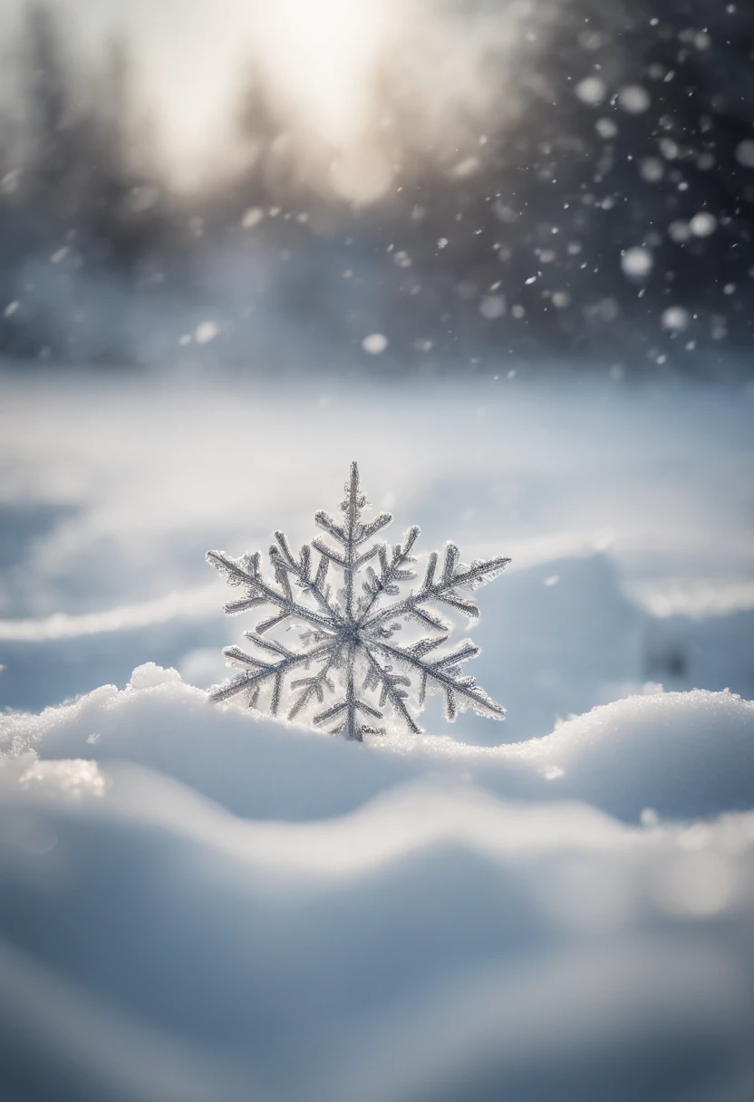 A snowflake caught in the act of landing on a snow-covered surface, capturing the moment of impact and the resulting pattern left behind