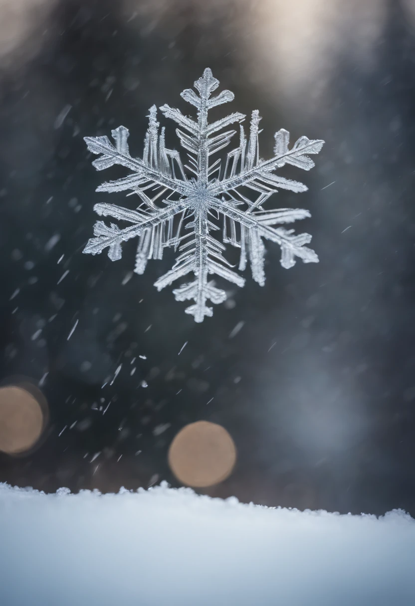A snowflake caught in the act of landing on a snow-covered surface, capturing the moment of impact and the resulting pattern left behind