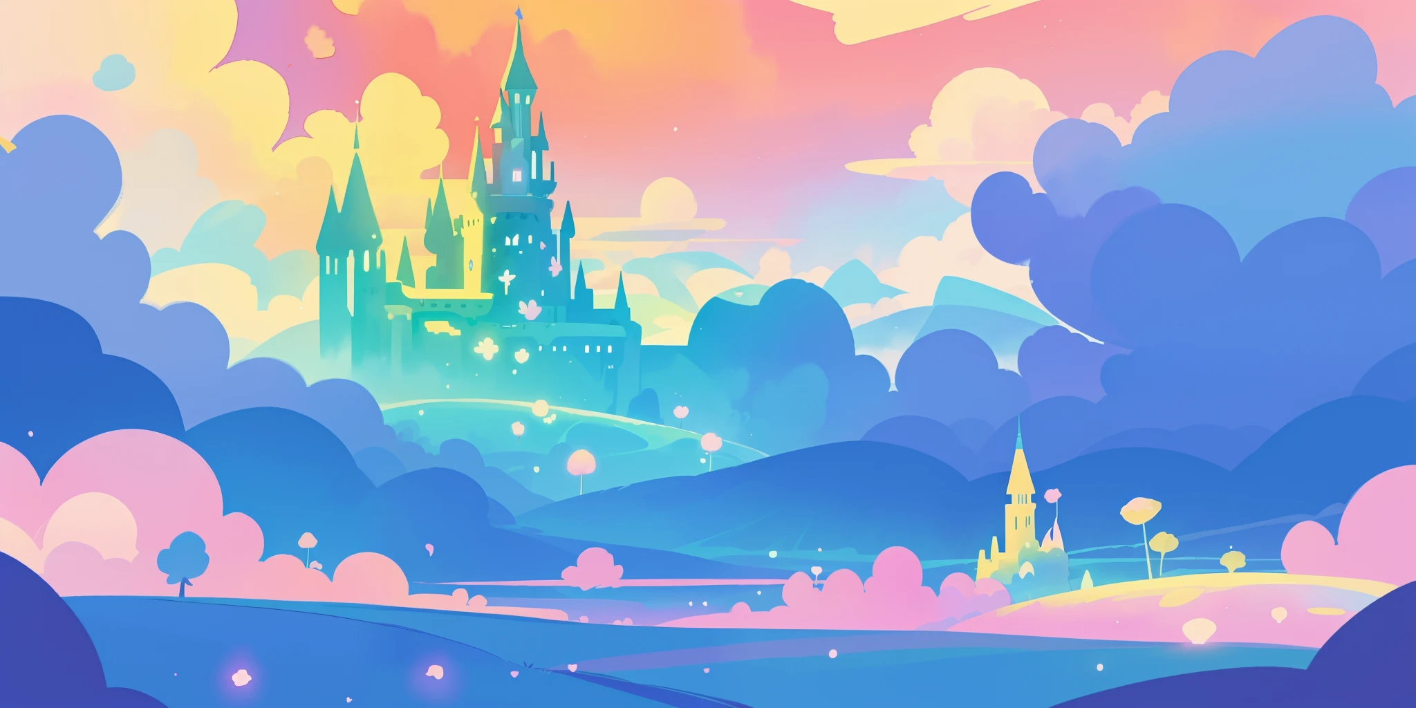 beautiful fantasy landscape, vibrant colors, (((otherworldly landscape))), whimsical landscape, cloud castle, huge clouds, ocean of clouds, watercolor illustration, disney art style, glowing lights, beautiful digital illustration, fantasia otherworldly landscape plants flowers, beautiful, masterpiece, best quality, anime disney style