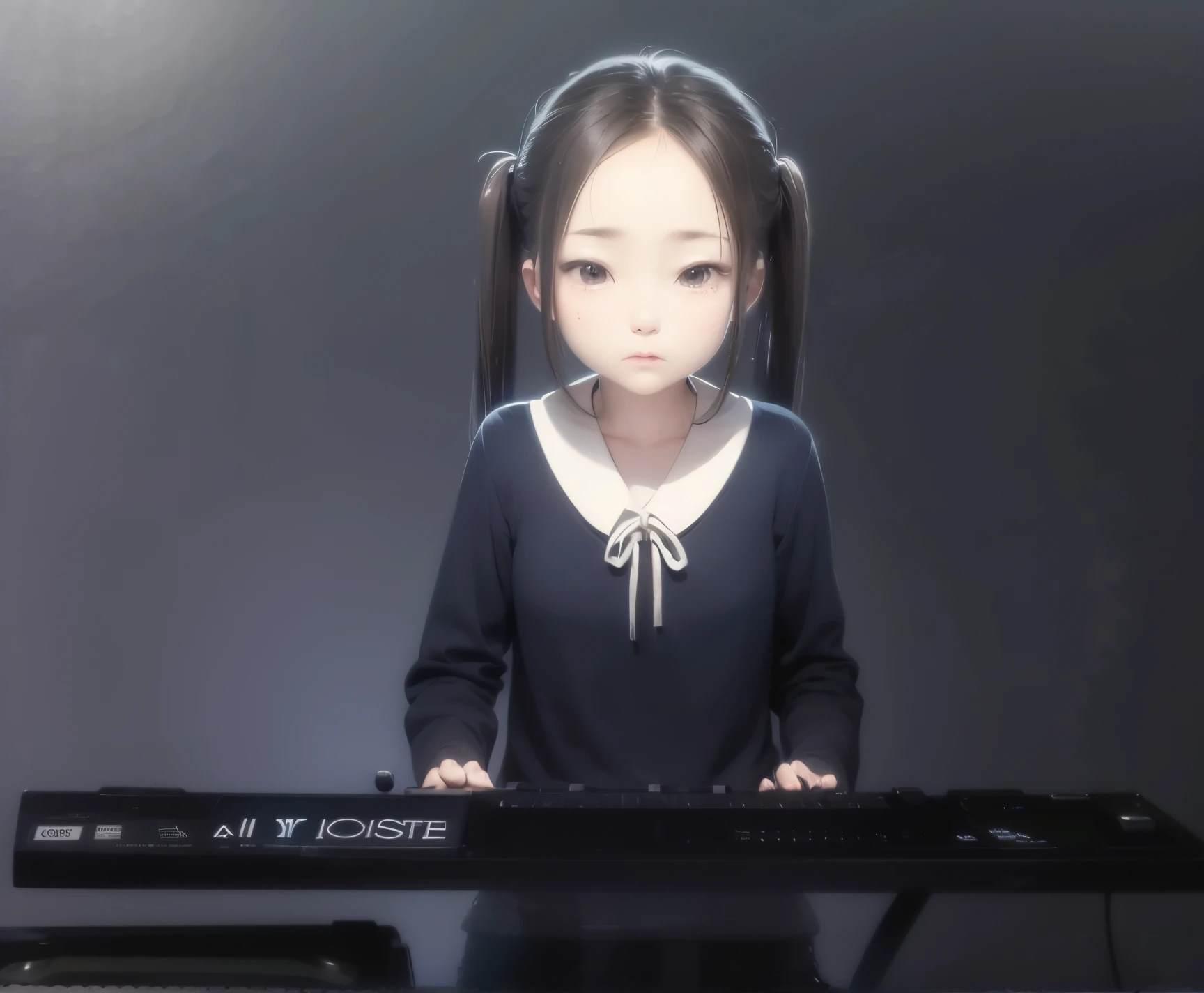 best quality, masterpiece, highres, solo, Good anatomy, realistic,ferfect body, good anatomy,Girl playing keyboard, cry,