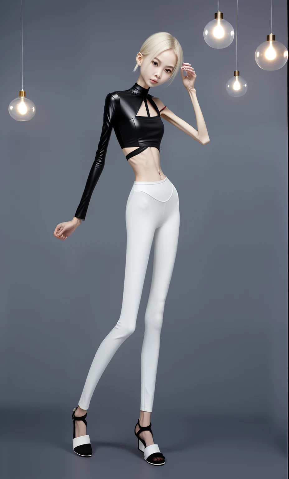 very thin adult woman,A thin body,Protruding sternum,The waist is very thin,The ribs are noticeable,Protruding ribs,The pelvic protrusion is very obvious,Pelvic width,Legs are just skin and bones,Fair skin,thin shoulde,The waist is very thin,Sunken abdomen,Delicate arms,arm muscle atrophy,hunger,sunken lower abdomen,Short hair details,Wear a tight leather jacket,Wear slippers,Asia face,The waist is particularly thin,angry look,Excessive weight loss,The face is sunken and thin,Severe malnutrition,hunger,Weak,anorexia