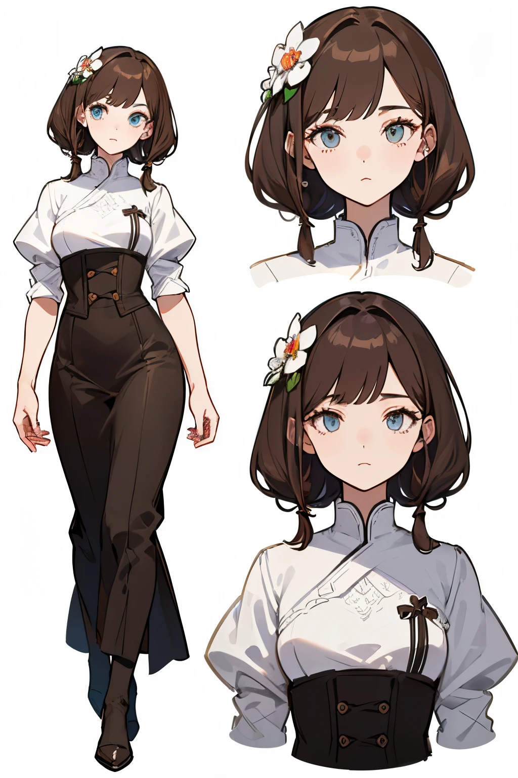 reference sheet, matching outfit, ((Best Quality)), ((Masterpiece)), (Character full body), (((best quality, high quality))), ((((UHD, highres))), (concept art), 1 girl, standing full-body, Clear facial features，Simple line design，Transparent background，(tmasterpiece，top Quority，best qualtiy, Clear facial features，beautidful eyes，beauitful face), beautiful, (((simple detailed))) (((white background))) 6 and a half heads full body, ((์no light))), random hairstyle, brown hair color, random eyescolor, Flower, wizard,