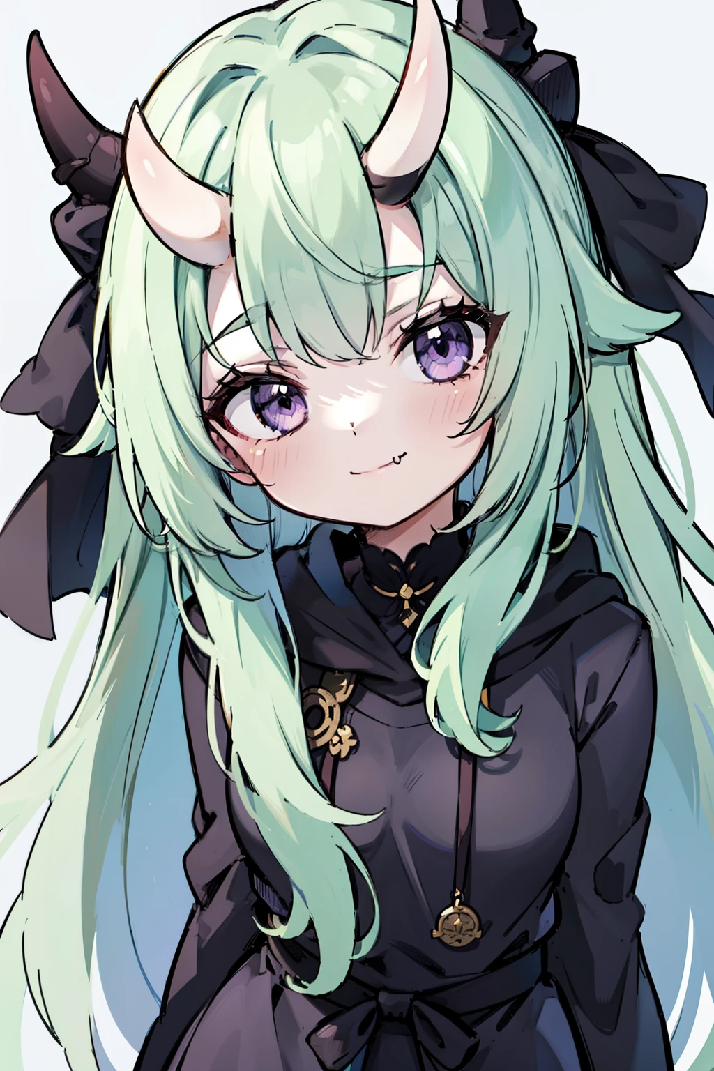 masterpiece, best quality, 4k, face close-up, portrait, 1girl, solo, beige hair, light green hair, pale green hair, long hair, purple eyes, small breasts, oni girl, oni horns, (skin fang:0.9), smile, closed mouth, black cloak, hood, medieval fashion, standing, arms behind back, looking at viewer, white background, abstract background