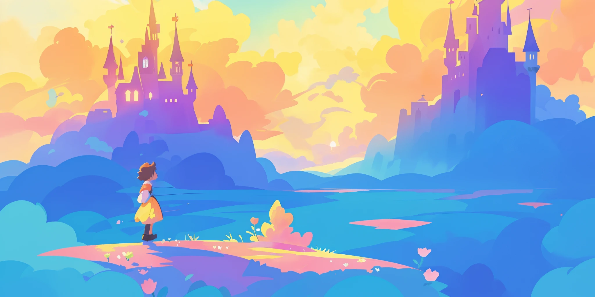 beautiful fantasy landscape, vibrant colors, (((otherworldly landscape))), whimsical landscape, cloud castle, huge clouds, ocean of clouds, watercolor illustration, disney art style, glowing lights, beautiful digital illustration, fantasia otherworldly landscape plants flowers, beautiful, masterpiece, best quality, anime disney style