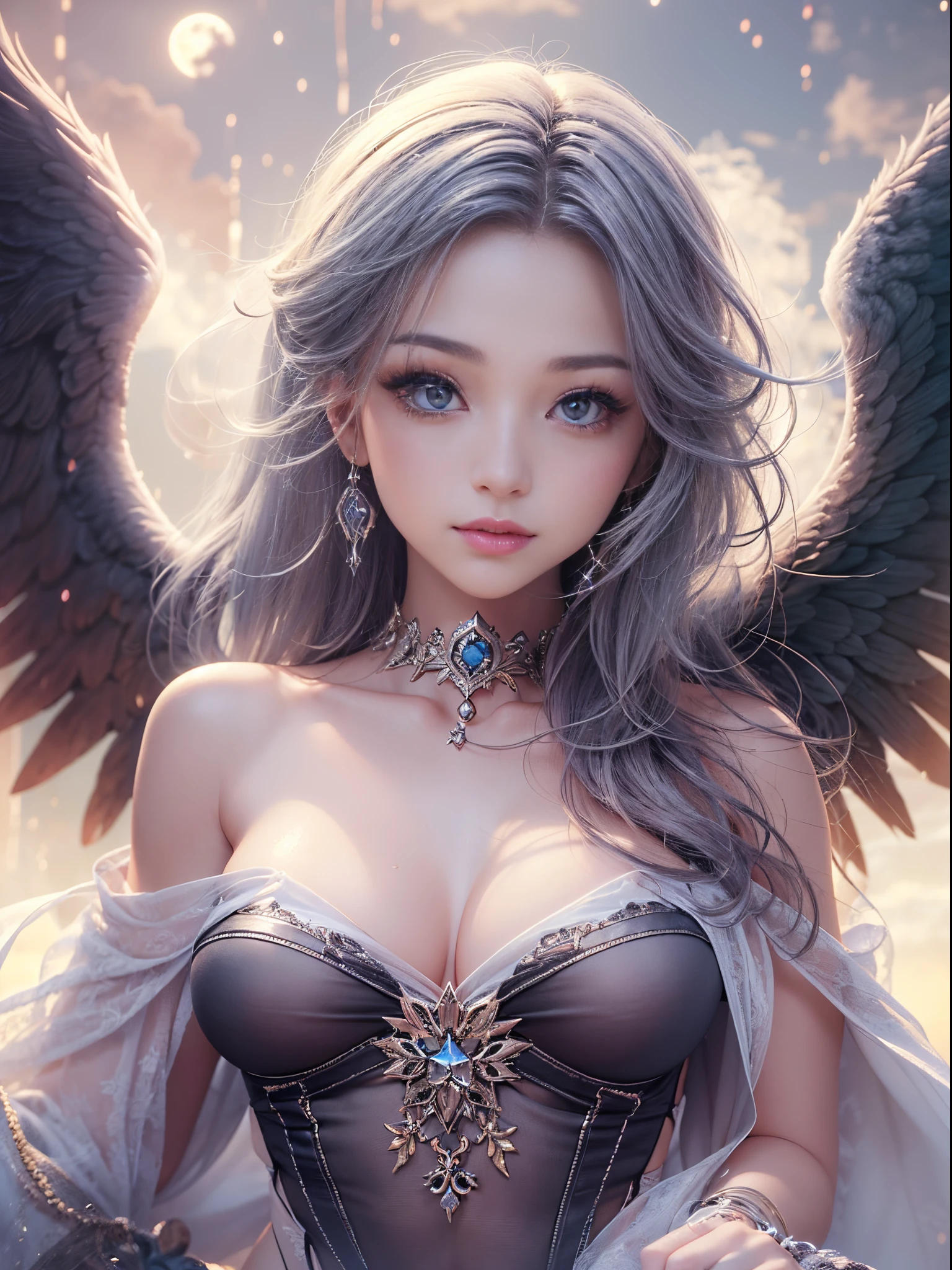 (((A fallen angel descended from the sky)))、8K、An ultra-high picture quality、Ultra-realistic details、18year old、(Beautuful Women:1.4)、1 persons、Gray hair、Her eyes are golden、Slender body、(large full breasts:1.8)、Loose black see-through dress with a wide open neckline、((off shoulders))、Silvery decoration、Background with、The moonlight of the deep forest shines in、Night、Blur the background、3d rendered、