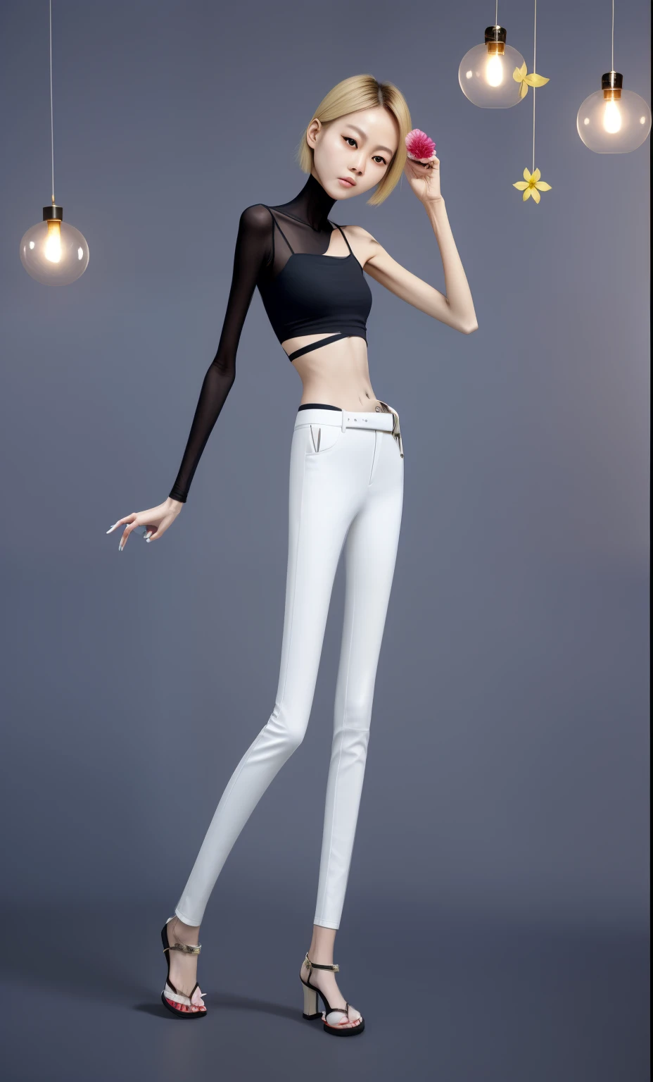 very thin adult woman,A thin body,Protruding sternum,The waist is very thin,The ribs are noticeable,Protruding ribs,The pelvic protrusion is very obvious,Pelvic width,Legs are just skin and bones,Fair skin,thin shoulde,The waist is very thin,Sunken abdomen,Delicate arms,arm muscle atrophy,hunger,sunken lower abdomen,Short hair details,Wear white leather pants,Wear slippers,Asia face,The waist is particularly thin,angry look,Excessive weight loss,The face is sunken and thin,Severe malnutrition,hunger,Weak,anorexia