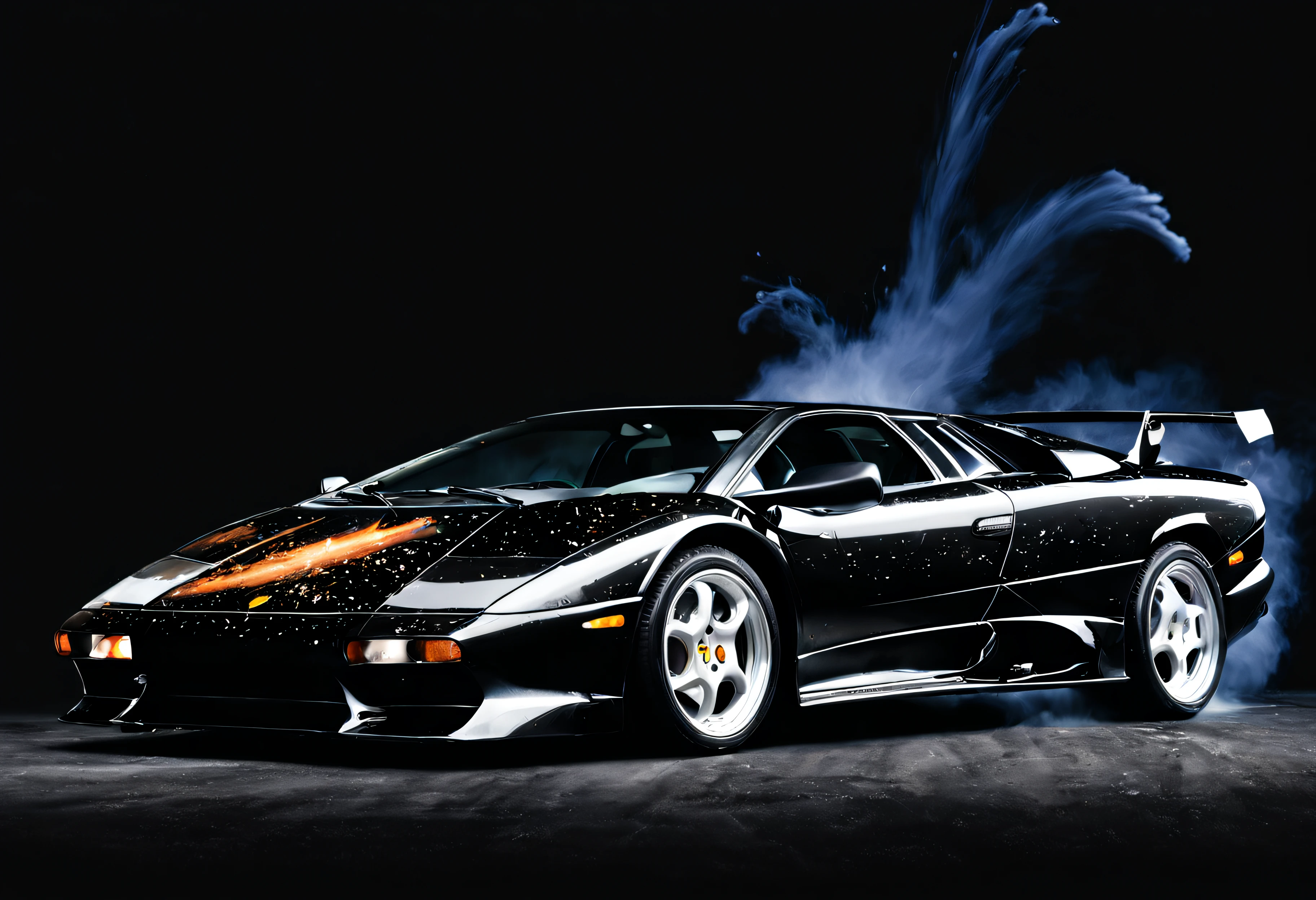 Lamborghini Diablo, black background, paint exploding in the background