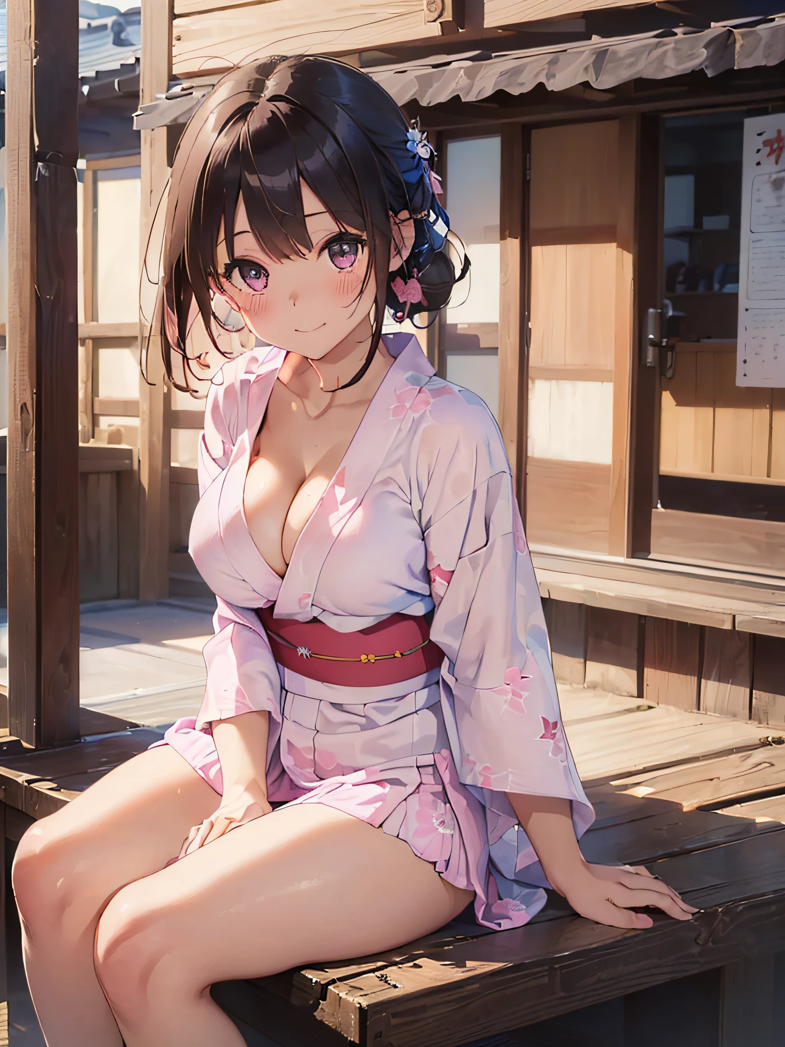 (masterpiece:2.0), (top-quality:2.0), (sitting naked:1.5), (extremely mini skirt extremely small pink yukata:1.5), (super thin fabric:1.5), (sexypose:1.5), (blushed face:1.3), (barechested:1.3), (realistic:1.5), 1 girl, precise hands, Embarrassed look, light smile, Look at me and smile, extremely cute girl, innocent face, young face, Clear eyes, Shining eyes, small breast, (cleavage of the breast is visible:1.5), (the thighs is visible:1.5), The crotch is visible, No pubic hair, full body, The beautiful skin, ultra-definition, Top resolution, japan high school student, brown hair, at the night festival