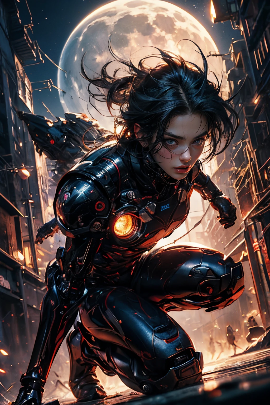 CG Mecha, Beautiful eyes, Upper body, Mechanic Armor, Portrait,Jet boots、flying though the air、patrol、 police officers、flawless、Neon light, 8K, raw, Best Quality, masutepiece, 超A high resolution, Colorful, (medium wide shot), (Dynamic perspective), foco nítido , (depth of fields, Bokeh:1.3), extremely detailed eye and face,ninjartist, Beautiful detailed eyes, Trimmed gear:1.2), ((masutepiece, Best Quality)), Detailed background, Inside the spacecraft、Hold your weapon、(Gray hair)、brue eyes、poneyTail、dirty、bio luminescent、fullmoon、Photographed with Canon R5、Get down on one knee、Dark Fantasy,masterpiece、movie、art by、law、psychedelic