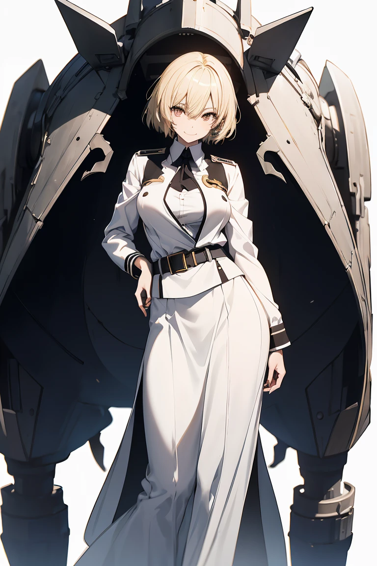 (Super Sexy Pose:1.2), 1 girl in, Full body, White one-piece military uniform, (masutepiece:1.2, Best Quality), (finely detailed beautiful eye: 1.2), (beautifull detailed face), High contrast, (Best Illumination, extremely delicate and beautiful), ((Cinematic Light)), Dramatic light, dark orange eyes, flat chest, Belt under boobs, White military uniform, White skirt,blonde hair, Black tie, (Pale white background:1.5), Wolf cut hair, Look at me and smile,