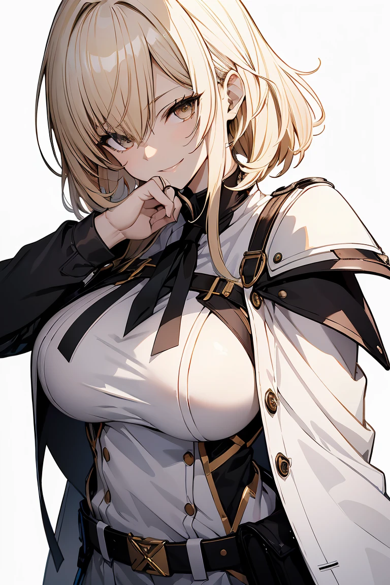 (Super Sexy Pose:1.2), 1 girl in, Full body, White one-piece military uniform, (masutepiece:1.2, Best Quality), (finely detailed beautiful eye: 1.2), (beautifull detailed face), High contrast, (Best Illumination, extremely delicate and beautiful), ((Cinematic Light)), Dramatic light, dark orange eyes, flat chest, Belt under boobs, White military uniform, White skirt,blonde  hair, Black tie,  (Pale white background:1.5), Wolf cut hair, Look at me and smile,