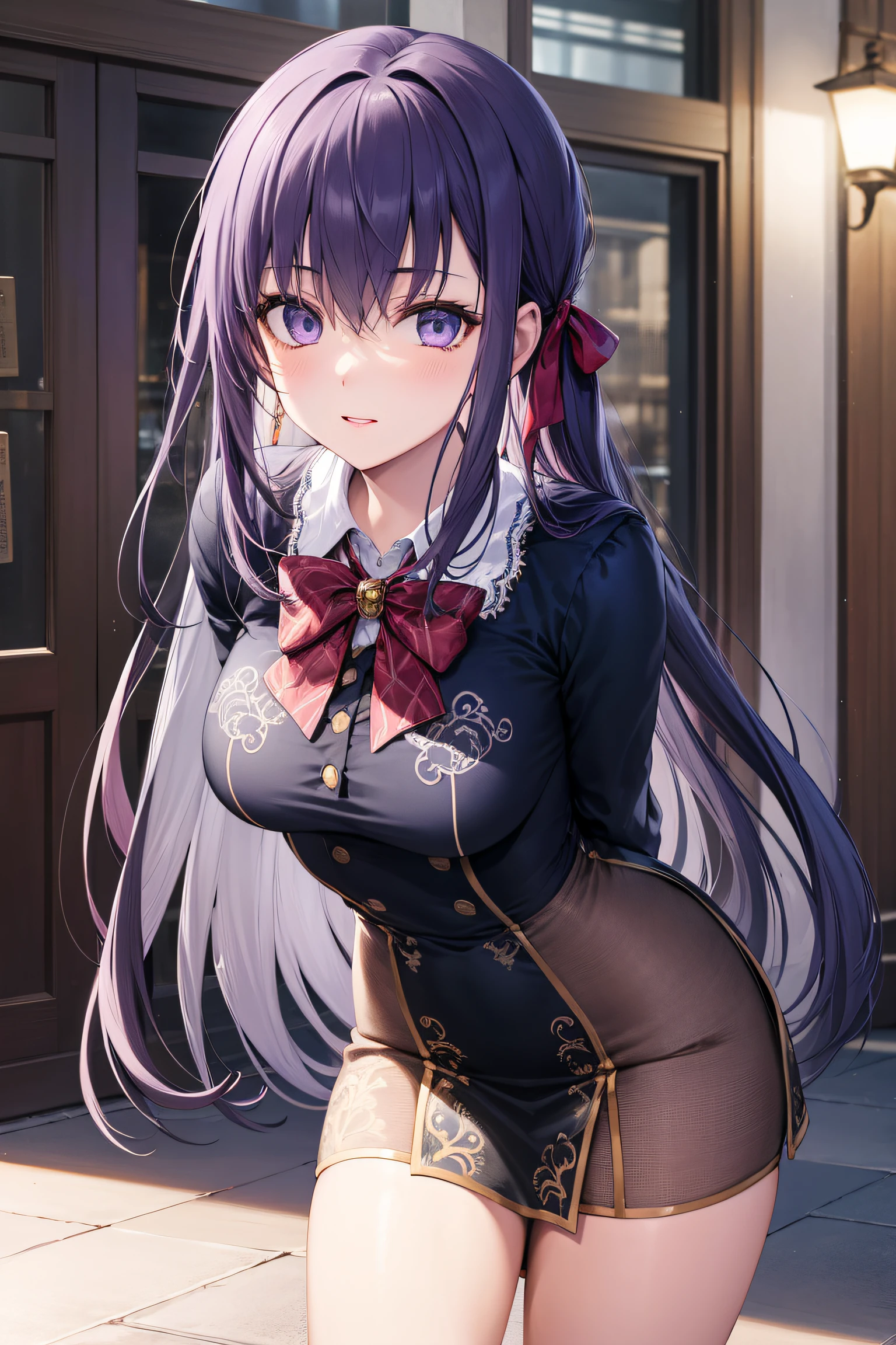 parvati, parvati, long hair, (purple eyes:1.1), purple hair,
BREAK shirt, long sleeves, dress, bow, bowtie, red bow, red bowtie,
BREAK looking at viewer,standing, leaning forward, arms behind back,
BREAK outdoors,
BREAK (masterpiece:1.2), best quality, high resolution, unity 8k wallpaper, (illustration:0.8), (beautiful detailed eyes:1.6), extremely detailed face, perfect lighting, extremely detailed CG, (perfect hands, perfect anatomy),