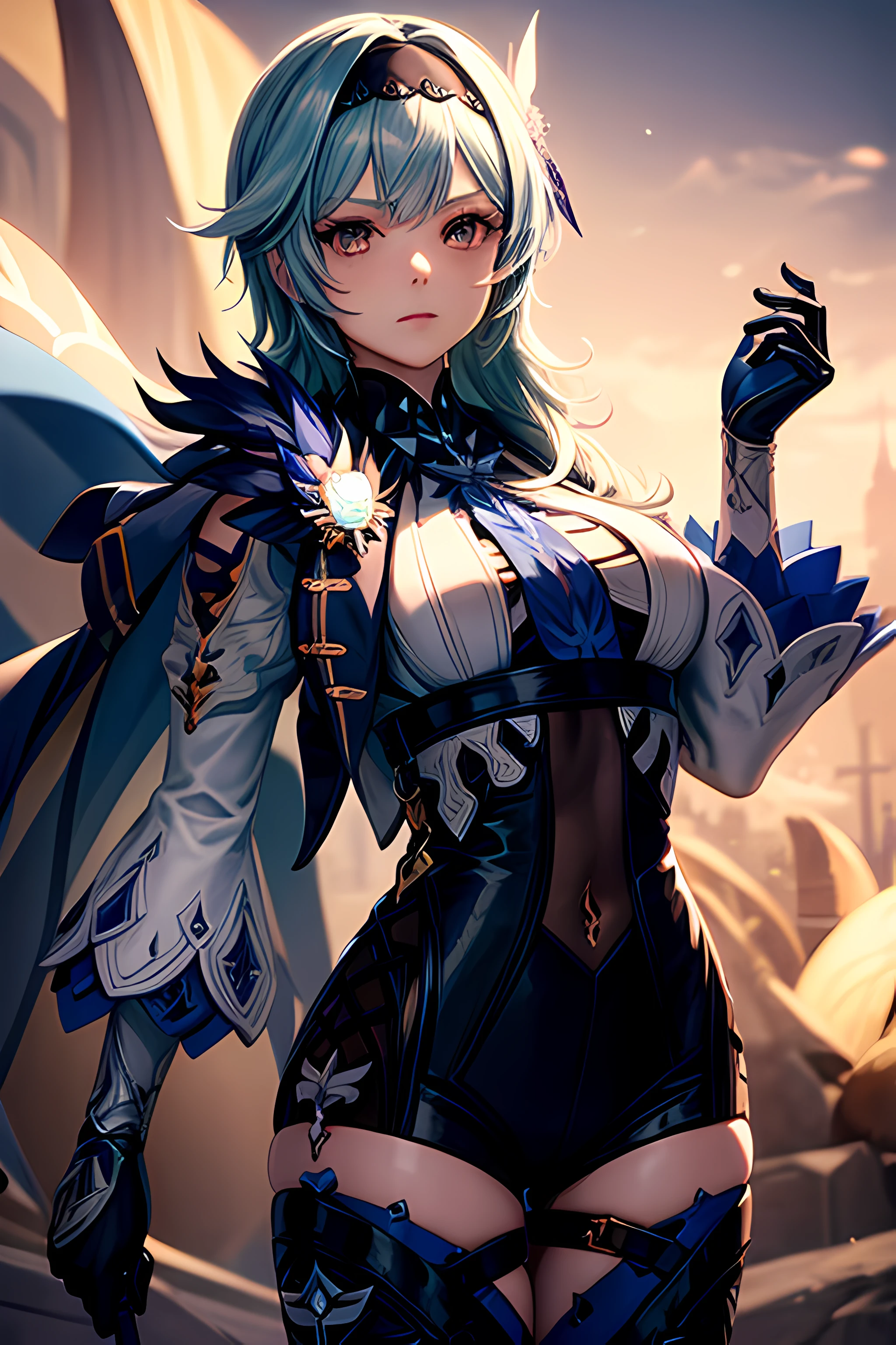 ((euladef)):1.5,((masterpiece,Highest quality,Highly detailed images,Beautiful images))1.4（Huge crystal in the background、Overall dim lighting、Backlight、A fantastic atmosphere、Thick Fog、Dust flutters)1.3,(Close-up image of eula)1.1、（Beautiful cleavage、Exposing cleavage）Mr.々A pose
