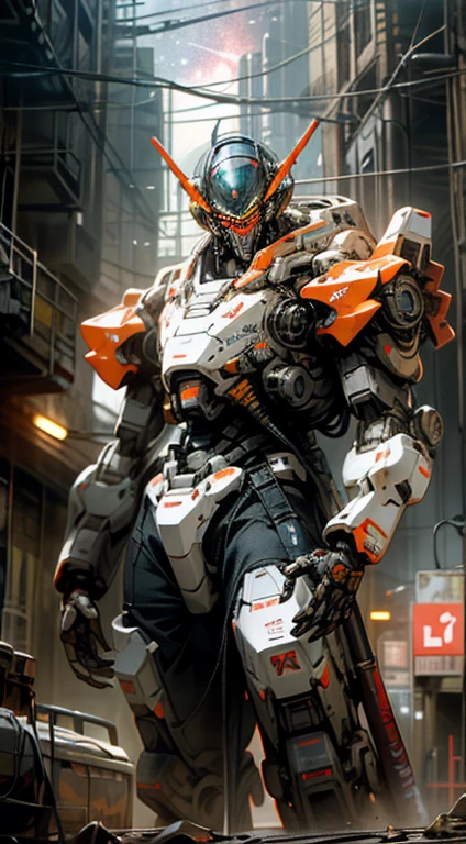 On the moon,barren planets, ruins, holding_weapon, no_humans, glowing, robot, building, glowing_eyes,orange mecha, science_fiction, city, realistic,mecha,Milky Way Galaxy background,neon,cyberpunk,