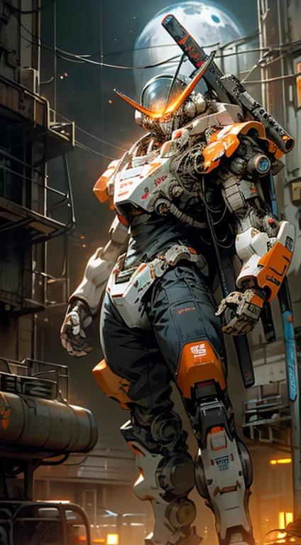On the moon,barren planets, ruins, holding_weapon, no_humans, glowing, robot, building, glowing_eyes,orange mecha, science_fiction, city, realistic,mecha,Milky Way Galaxy background,neon,cyberpunk,