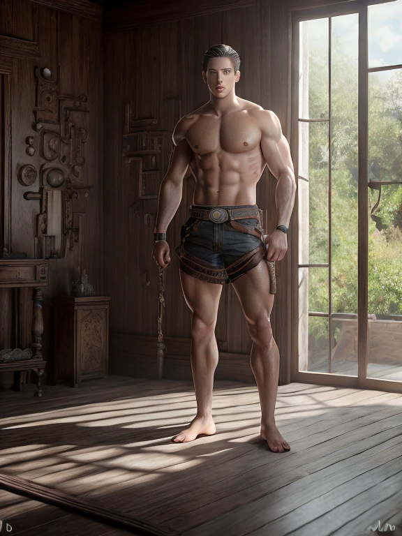 In the artistic style of JC Leyendecker. FULLBODY, Front view, Plano amplio, desnudo, superrealista, superdetallado,  a 20 year old young latino man, Lenguaje corporal de liderazgo, sin ropa,  Montando un caballo blanco,  Perfect ???????, joven,hermosos pies  Mirando fijamente al espectador, cuerpo delgado muy delgado, detailed muscles, brown hair, Sonrisa oculta, Peaceful look, Bonita sonrisa, Aspecto masculino, a plantation house behind, Kali, algodonal