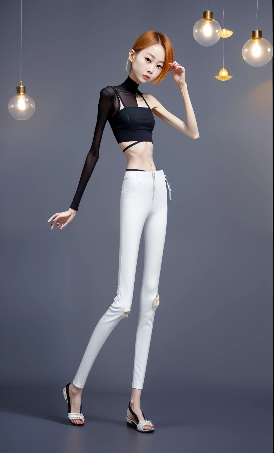 very thin adult woman,A thin body,Protruding sternum,The waist is very thin,The ribs are noticeable,Protruding ribs,The pelvic protrusion is very obvious,Pelvic width,Legs are just skin and bones,Fair skin,thin shoulde,The waist is very thin,Sunken abdomen,Delicate arms,arm muscle atrophy,hunger,sunken lower abdomen,Short hair details,Wear white leather pants,Wear slippers,Asia face,The waist is particularly thin,angry look,Excessive weight loss,The face is sunken and thin,Severe malnutrition,hunger,Weak,anorexia