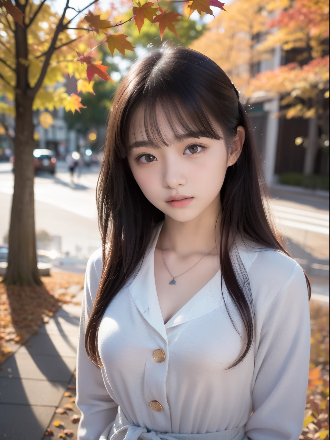 ((nffsw 48))、((lensflare))、((bustshot))、((NIKON))、((((age19)))),(((Smaller bust))))、(((Autumn Young Casual Fashion)))((Blouse、jaket))、(((Muscle feeling)))、(((photorealisim:6, realisitic)))、a necklace、pale-skinned、looking at the viewers、Small waist、Harajuku、 8K UHD、Digital SLR、softlighting、hightquality、top-quality、超A high resolution、(Photorealsitic:1.4)、