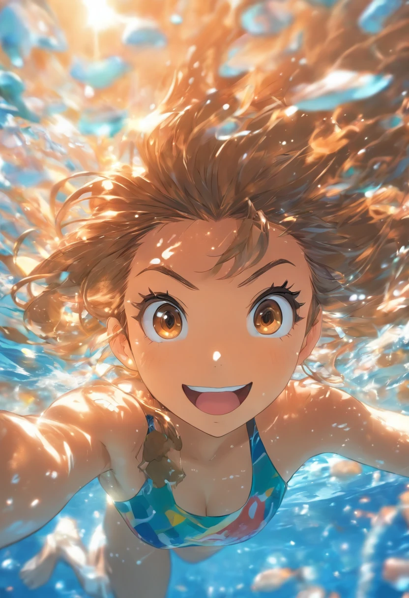 foreshortening, depth of fields, masutepiece, Best Quality, 1girl in, Brown hair, Brown eyes, Long hair, under the water, Air bubble, Solo, Looking at Viewer, School Swimsuit, Swimming, Dappled sunlight,
