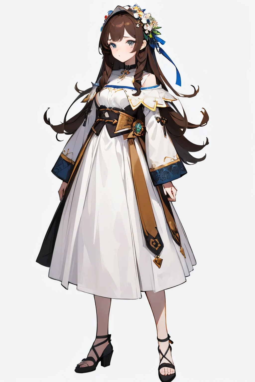 reference sheet, matching outfit, ((Best Quality)), ((Masterpiece)), (Character full body), (((best quality, high quality))), ((((UHD, highres))), (concept art), 1 girl, standing full-body, Clear facial features，Simple line design，Transparent background，(tmasterpiece，top Quority，best qualtiy, Clear facial features，beautidful eyes，beauitful face), beautiful, (((simple detailed))) (((white background))) 6 and a half heads full body, ((์no light))), random hairstyle, brown hair color, random eyescolor, Flower, wizard,