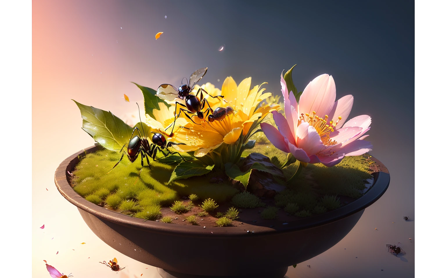 (ant), (flower petal), (macro lens), (ant body), (antennae), (legs), (pollen), (dewdrops), (shimmer), (visual experience).(Best Quality, Masterpiece:1.4), (Realism:1.2), (Realisitc:1.2),tk-char, multiple views of the same crowd scene,award-winning graphics,final fantasy, Masterpiece, highly detailed, 8k,Detailed, Ultra-Detailed, Digital Art, rtx, Unreal Engine,scene concept art,glare effect